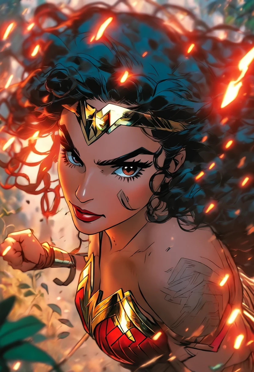 mujer afroperuana de labios muy grandes y rojos, cabezllo rizado, vestida de wonder woman peruana en la selva