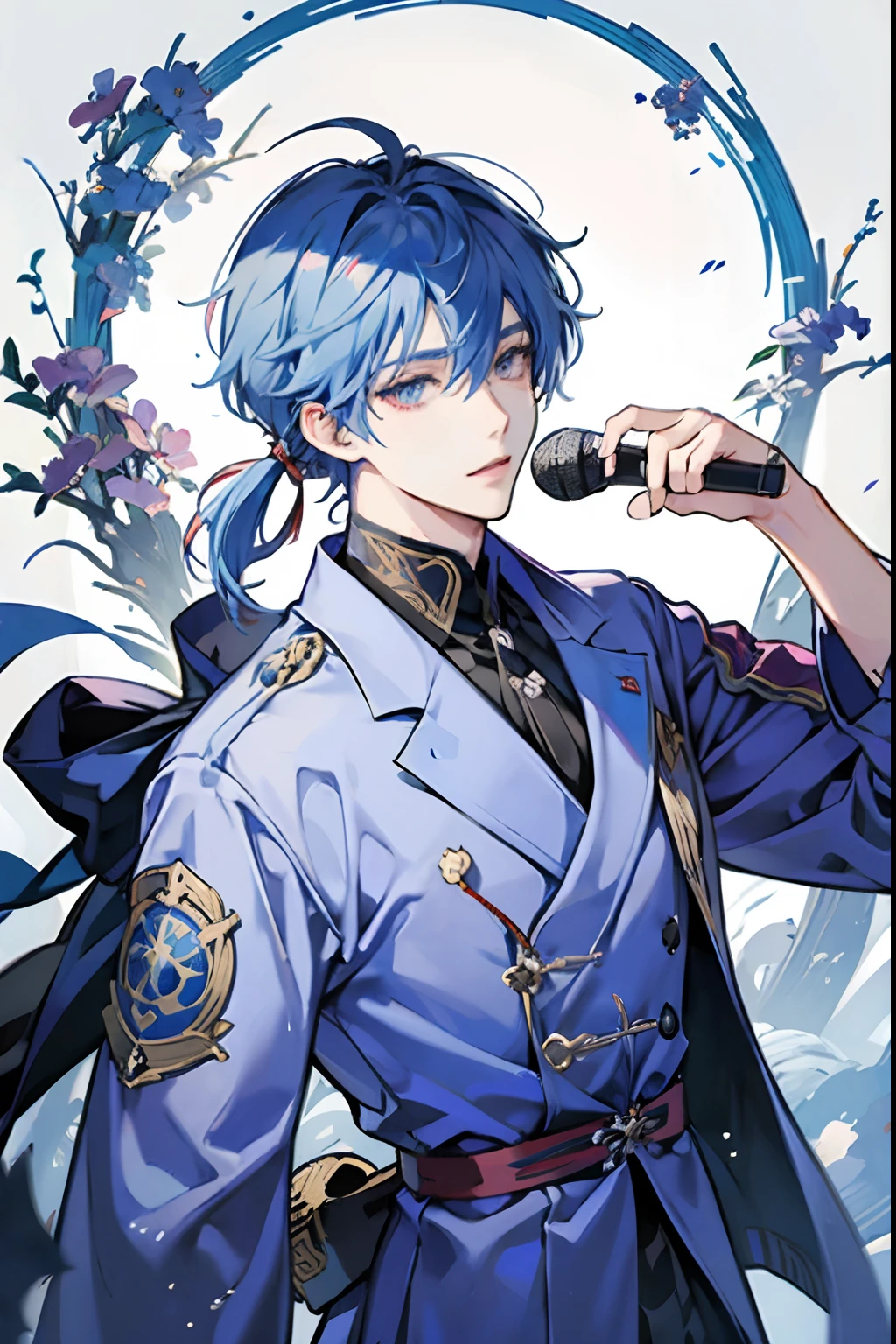 Anime - style illustration of blue-haired man holding microphone, a character portrait inspired by Bian Shoumin, pixiv contest winner, shin hanga, Ayato Kamisato from Genshin Impact, Genshin Impact Zhongli, handsome guy in demon killer art, style of anime4 K, ufotable art style, sengoku - era art style, zerochan art