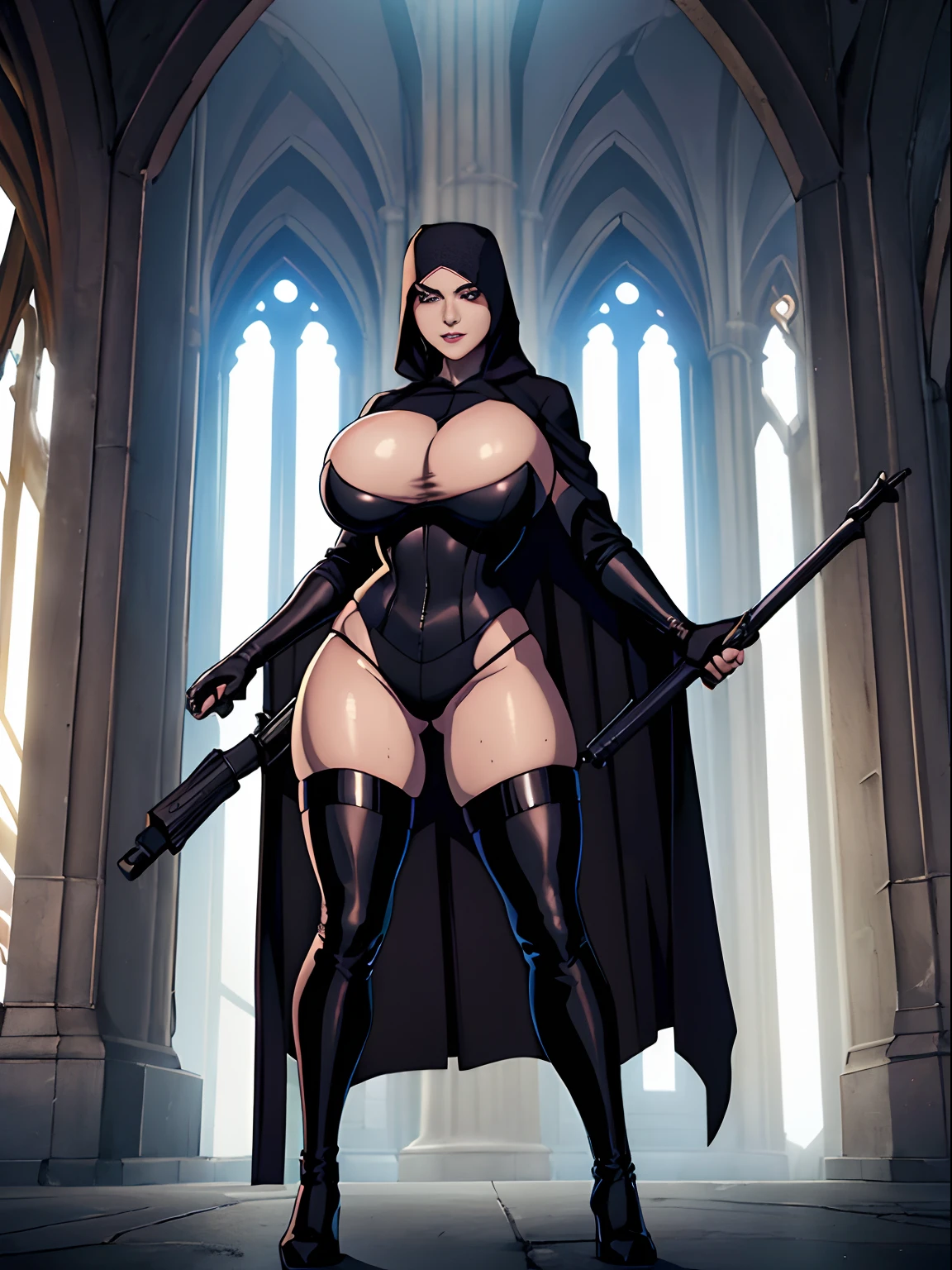 (masterpiece, top quality, best quality, official art, beautiful and aesthetic:1.2), (1girl:1.3), light freckles, fair skin, extremely detailed, portrait, looking at viewer, solo, (full body:0.6), detailed background, close up, (dark gothic theme:1.1), nun with guns, charlatan, smirk, mysterious, swaggering through cathedral, modest attire, black habit, cowl, nun hood, wimple, thigh-high boots, bodysuit, leotard, loose sleeves, cloak, corset, leather straps, ammunition pouches, long boots, submachineguns, SMGs, MP5s, thigh pouches, holsters, garters, ((((narrow hips, slim sexy body, gigantic breasts)))), slim waist, slim hips, long legs, modern (cathedral exterior:1.1) background, dark mysterious lighting, shadows, magical atmosphere, dutch angle,
