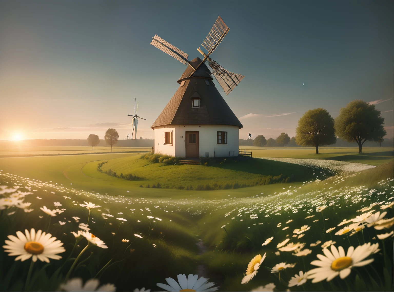 There is a windmill on a small hill,There are daisies in the foreground, erik johansson style, Inspired by Gediminas Plankevichus, 3d rendered matte painting, 3 d render and matte painting, windmills, inspired by Mike Winkelmann, dreamy matte painting, Global illumination. vfx, magic realism matte painting, stefan koidl inspired