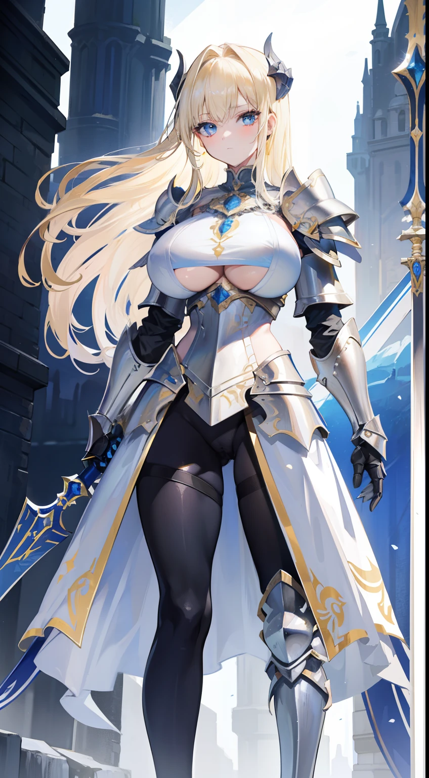 a beauty girl，cabellos largos dorados，blonde with blue eyes，Wear gorgeous armor，(Silver armor)，Armor，(holding a long spear)，huge spear，Shoulder pads，Armour，chest plate，Combat skirt，Leg nails，(Royal Knights)，(huge tit)，(black pantyhoses)，((Pubic bone))