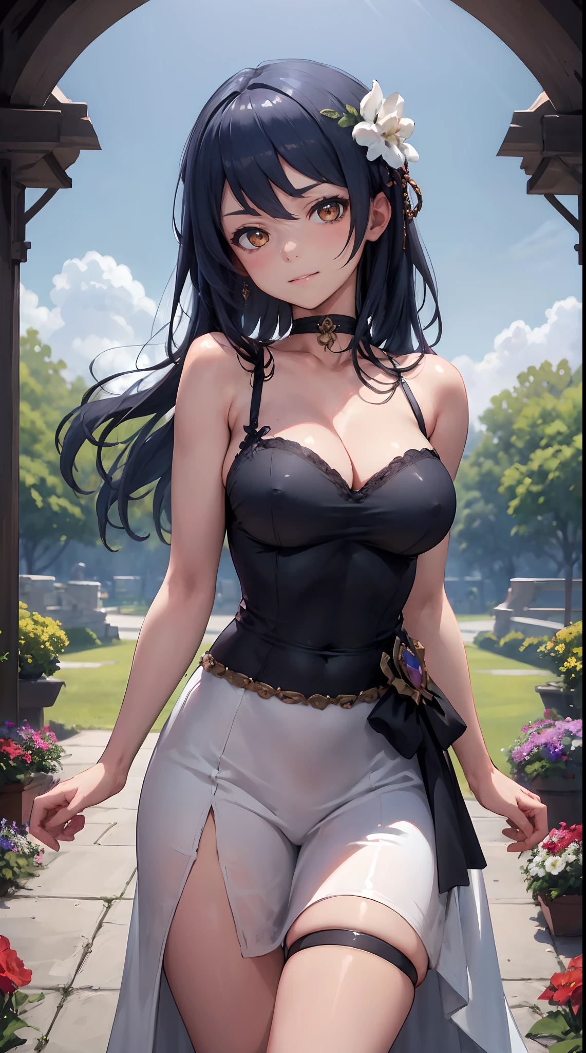 Kujou Sara| genshin impact, master-piece, bestquality, 1girls,25 years old, proportional body, proportional., Wedding Dresses, White Wedding Dress, Long skirt, Big skirt, mediuml breasts, ,bara, choker, Standing in the middle of a flower garden, outdoor, The sky is beautiful, arm behind back, View viewers from the front., Thigh strap, Head tilt, bored, HD, slight smile,