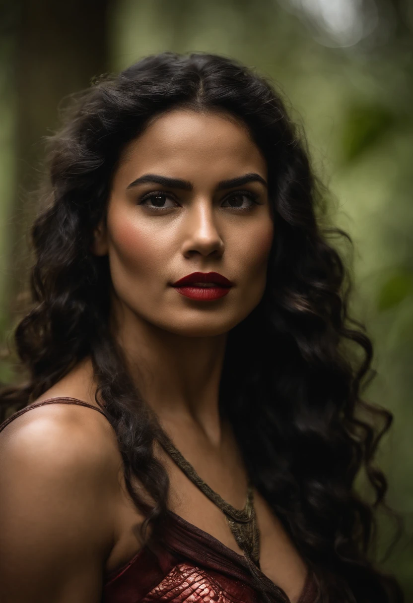 mujer afroperuana de labios muy grandes y rojos, cabezllo rizado, vestida de wonder woman peruana en la selva