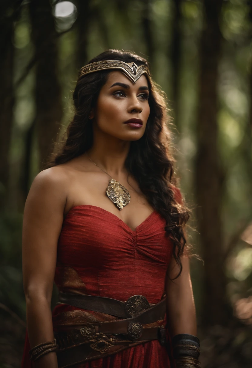 mujer afroperuana de labios muy grandes y rojos, cabezllo rizado, vestida de wonder woman peruana en la selva