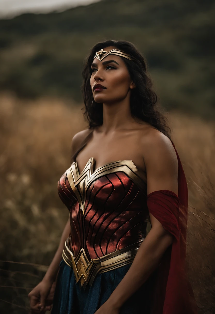mujer afroperuana de labios muy grandes y rojos, cabezllo rizado, vestida de wonder woman peruana en la selva