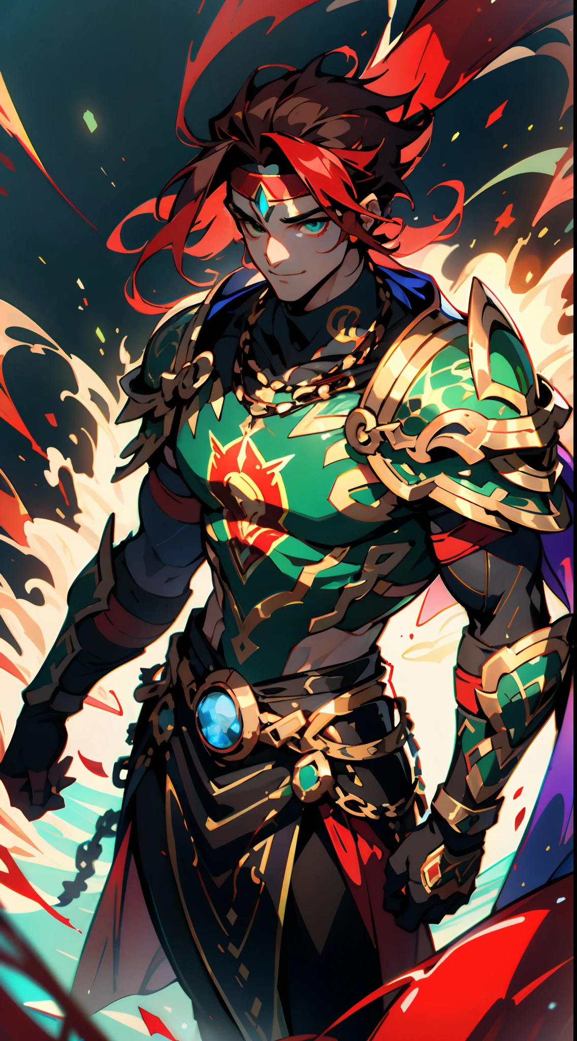 A man with long reddish-brown hair, wearing a red headband, an Eastern European face, deep and confident eyes, a confident smile, a red elongated totem mark on his face, a tall and strong physique, he wears a fantasy-style overlord attire, a blue-gold thick breastplate, a black tight-fitting undershirt, a massive cloak with heavy metal decorations, that cloak covers most of his body, thick red and blue heavy gauntlets, a metal belt with a thick long skirt-like hem, black pants, metal leg guards that match the gauntlets, he steps on the space with an awe-inspiring presence, red and blue and green energy surrounds him, red and blue and green Power surrounds him, white frost swirls around him, blue ice around him, red fire around him, purple Lightning around him, this character embodies a finely crafted fantasy-style overlord in anime style, characterized by an exquisite and mature manga illustration art style, high definition, best quality, highres, ultra-detailed, ultra-fine painting, extremely delicate, professional, anatomically correct, symmetrical face, extremely detailed eyes and face, high quality eyes, creativity, RAW photo, UHD, 8k, Natural light, cinematic lighting, masterpiece:1.5