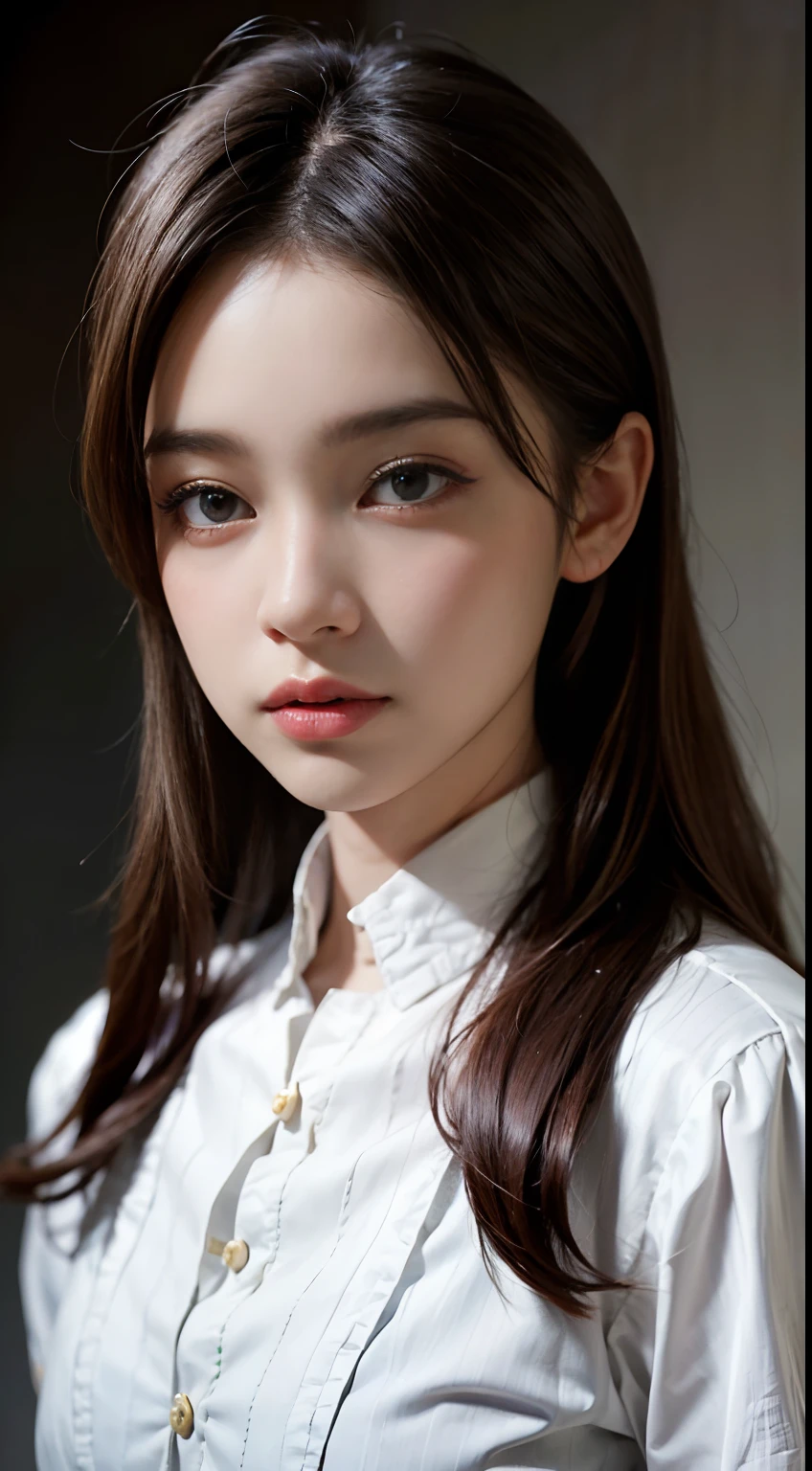 (Highest quality,8k,High resolution,masterpiece:1.2),Digital Art, girl，Delicate face，Delicate eyes，Shallow brown hair，Long Straight Hair，Sparkling amber eyes，Polo shirt ，particle，Dust，Warm colors，shy，in love，(HD Skins)，Shallow depth of field