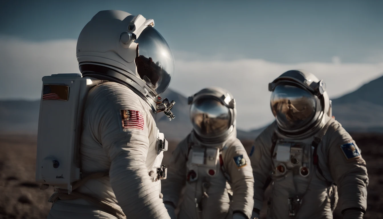 a picture、(Photorealsitic:1.4)、(hyper realisitic:1.4)、(Cinematic:1.5)、A space station、planet earth、space astronaut、Solo、space walk、helmets、space suits、lifeline、Being far away、Very far from the camera