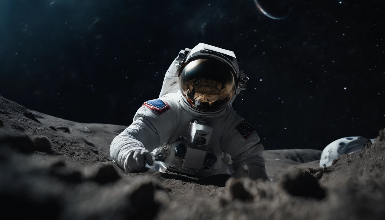 a picture、(Photorealsitic:1.4)、(hyper realisitic:1.4)、(Cinematic:1.5)、A space station、planet earth、space astronaut、Solo、space walk、helmets、space suits、lifeline、Being far away、Very far from the camera