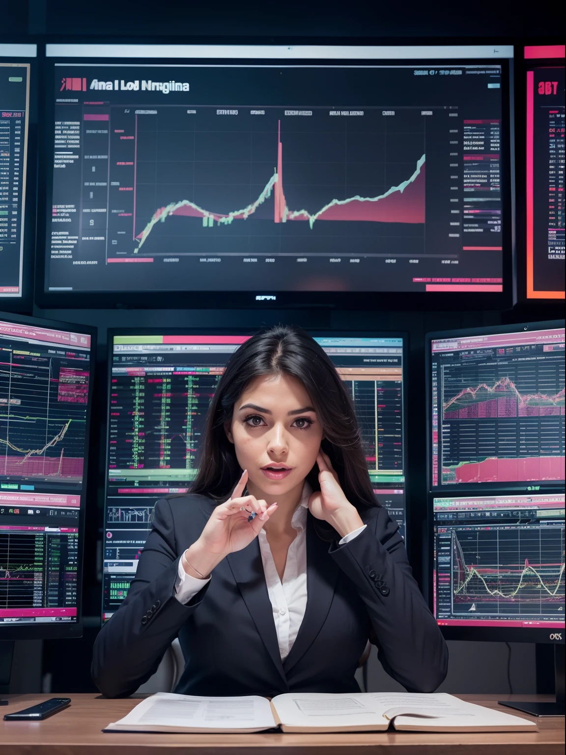 La mejor calidad,4k,Altas Resoluciones,ultra detallado),(realista:1.37),(vivid colors,Bokeh),Retrato de una hermosa mujer corredora de bolsa,with a technological background, surrounded by multiple monitors displaying financial data, Combination of vibrant and intense colors to create a sense of energy and dynamism, Bright neon accents that highlight key elements, Confident expression on your face as you analyze stock market trends, Lleva un elegante, Professional outfit that oozes success, His eyes reflect determination and intelligence, Una postura concentrada y decidida, The city skyline visible through the window behind it, Capturando el mundo acelerado y competitivo del comercio de acciones, An atmosphere of ambition and innovation that permeates the scene, El suelo de parquet rebosante de actividad, Traders shouting orders and making deals, Tables and graphs projected on the walls, simbolizando la complejidad del mundo financiero, las manos de la mujer ocupadas escribiendo en un teclado, Accurate execution of operations, A sense of urgency and excitement in the air, reflejando el movimiento constante y las fluctuaciones del mercado de valores.