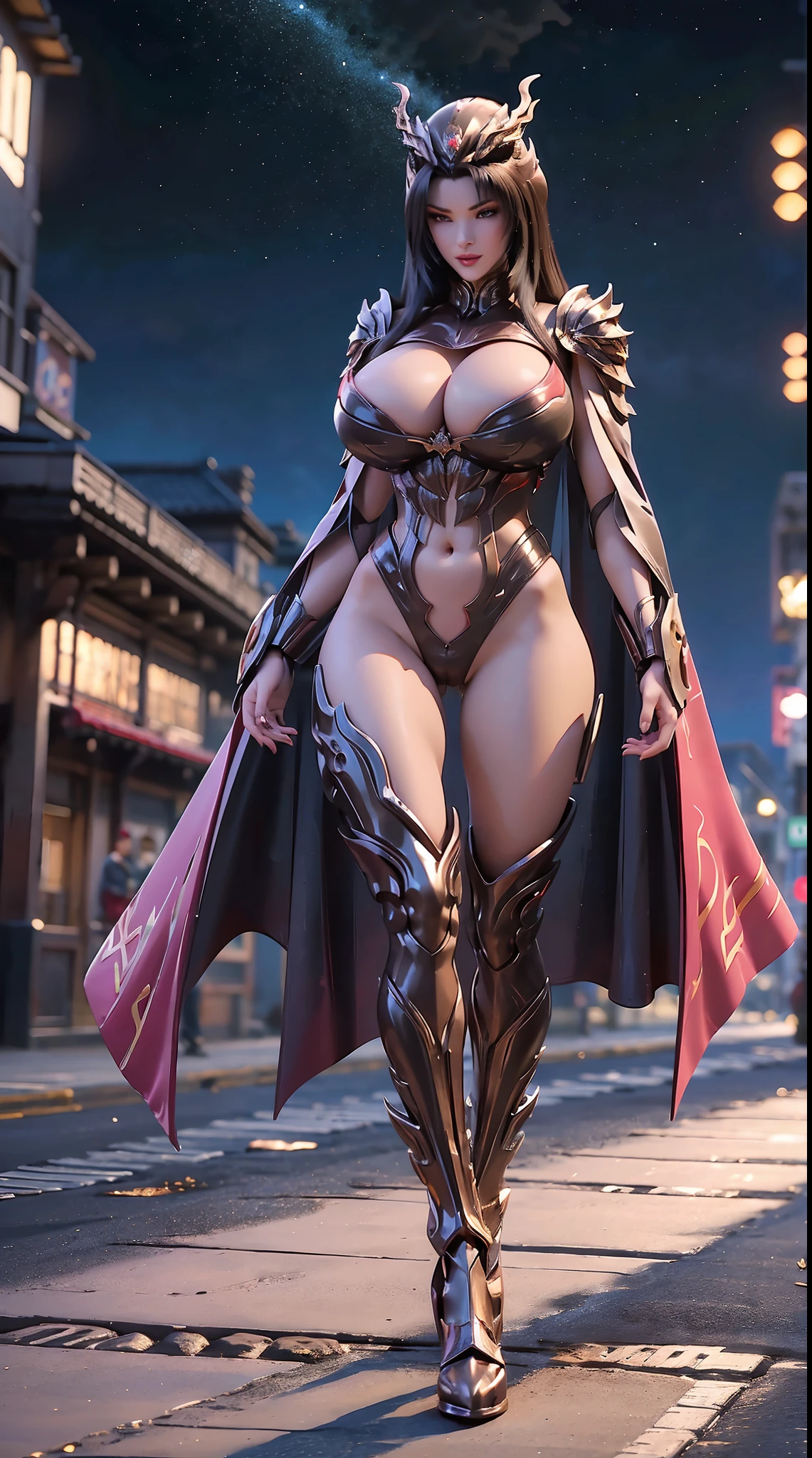 1GIRL, SOLO, (DRAGON HORN HELMET), (HUGE FAKE BOOBS:1.3), (BLACK, RED), (STARFIELD BACKGROUND), (FUTURISTIC PHOENIX MECHA BODYSUIT, ROYAL FEATHERS CLOAK, CLEAVAGE:1.2), (SKINTIGHT YOGA PANTS, HIGH HEELS:1.2), (PERFECT BODY, MUSCLE ABS, LONG LEGS, FULL BODY VIEW:1.5), (LOOKING AT VIEWER), (WALKING DOWN STREET CYBER NIGHT CITY:1.2), ULTRA HIGHT DEFINITION, 8K, 1080P.