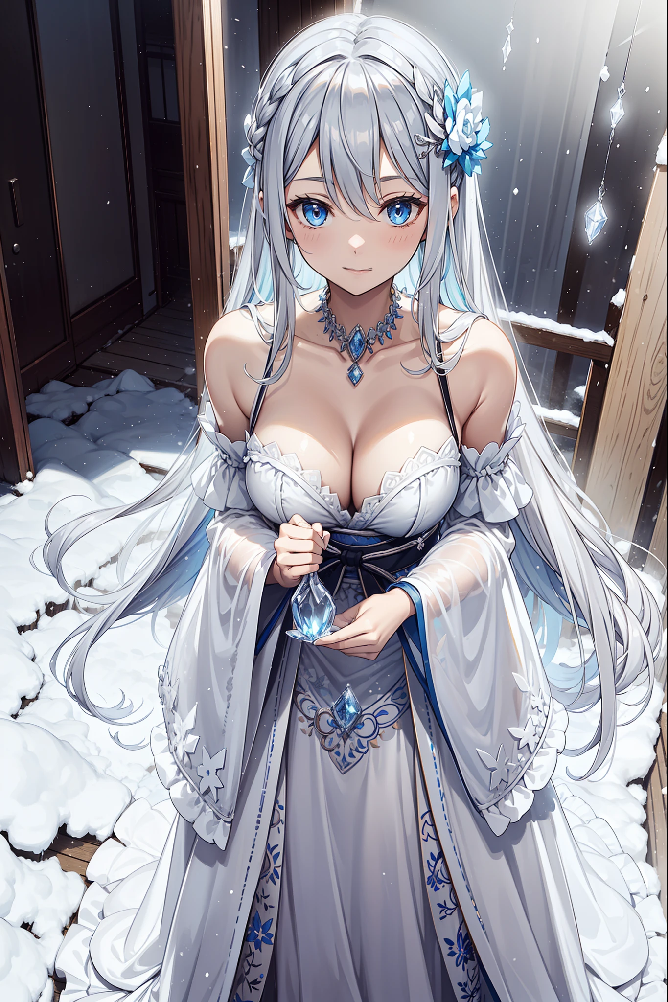 saints,divino,having fun,salvador,(Western magic pure white dress:1.2),Black suspender boots,(Silvery hair:1.2),eBlue eyes,(The head has ornaments made of ice),Lilac pattern,Maximalism,Ruffles,Lace,Delicate embroidery,Delicate pattern,(exquisite costumes),see-through transparent clothes,In the background is an old Japanese palace,(Surrounded by ice fog:1.1),(Snow in the dark:1.2),solo person,Beautiful detailed face,Seductive pose