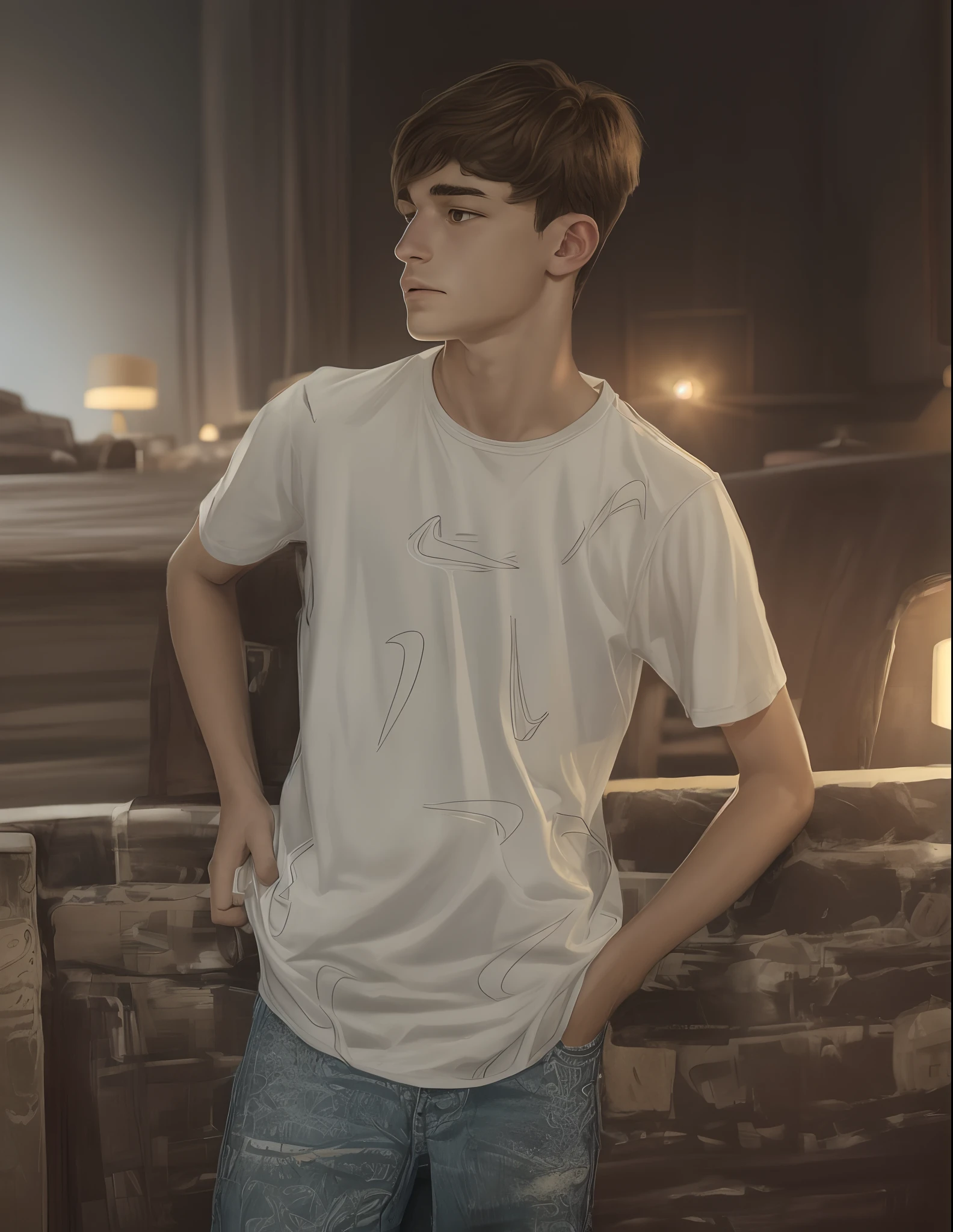 Drawing, ultra realistic, 8k, extremely detailed, in the best quality, a teenage man of 17 years, sitting in an armchair, with sad and thoughtful countenance.