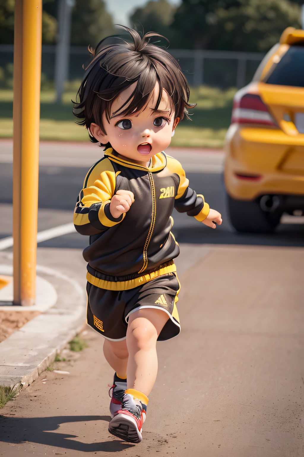 (a cute little boy running, chubby body, sweating, yellow-and-black sportswear, facial expression of exertion, detailed hands) (best quality, ultra-detailed, realistic:1.37), vivid colors, sharp focus, physically-based rendering, portrait, warm tones, soft lighting