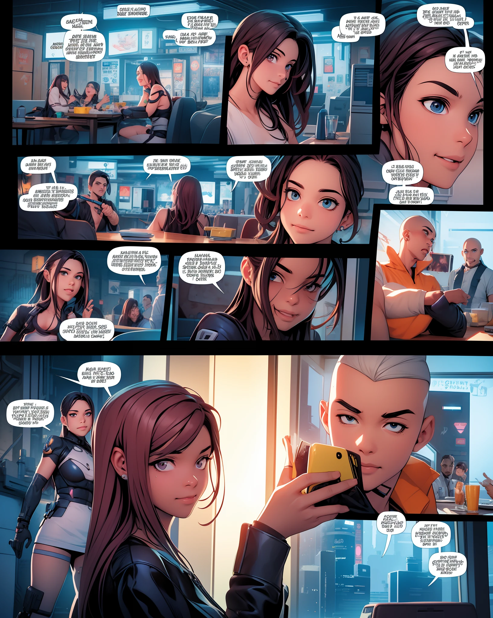 comic illustration, cyberpunk 2077, comicpanels,ENFP man (energetic and talkative) approaches the INFJ lady table with a curious smile. Best quality, intricate details, clean lines, eye-catching composition, anime realism, ample headroom, dynamic pose, third rules of photography, perfect illustration