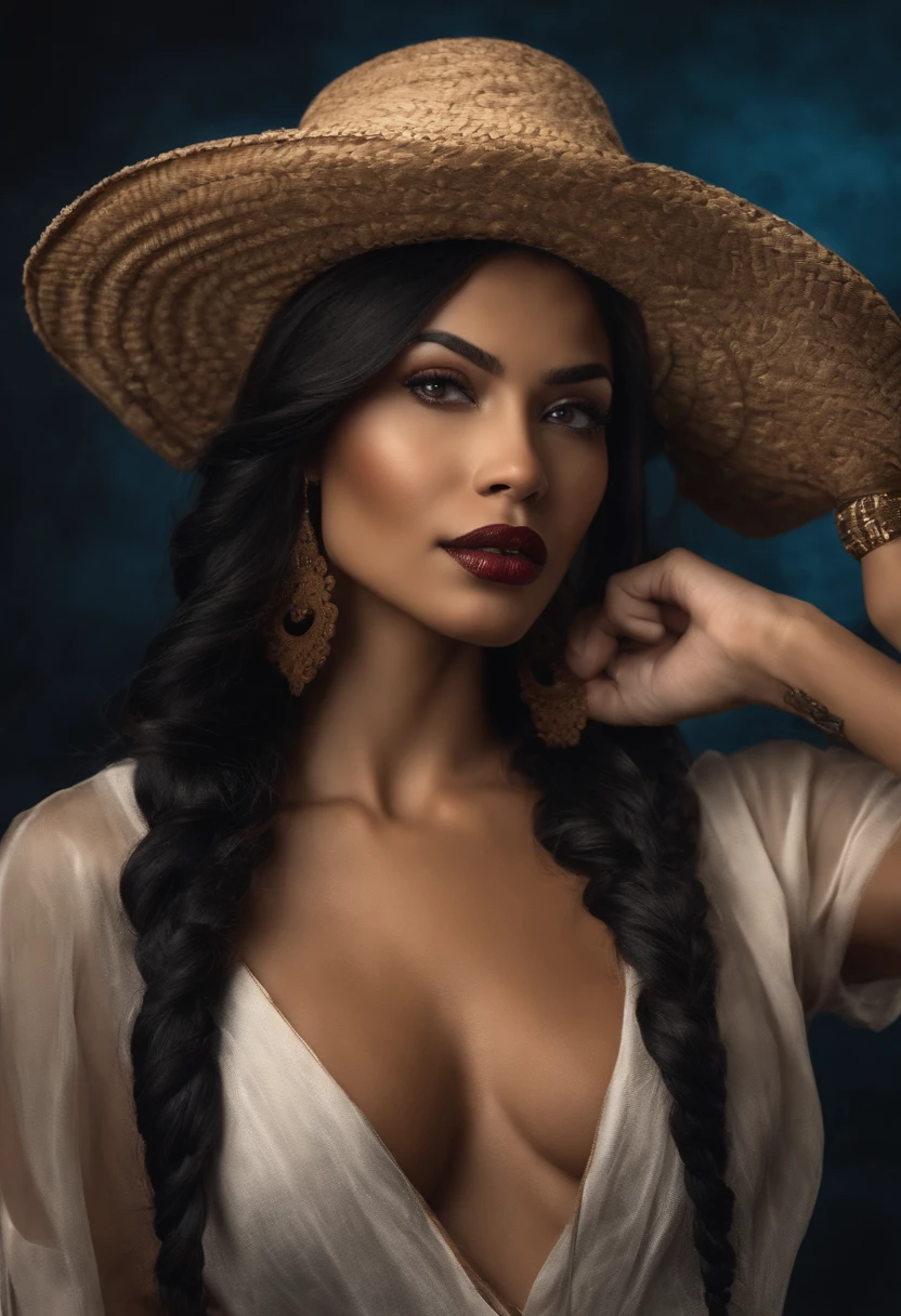 A beautiful half ebony and half Filipino woman, a vampire, has a Chicano style about her, has a great physique, soft demeanor, mature, and wields a weapon. Has braids, glasses, and blue eyes. Coffee and cream colored skin.