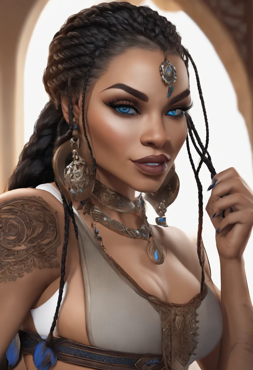 A beautiful half ebony and half Filipino woman, a vampire, has a Chicano style about her, has a great physique, soft demeanor, mature, and wields a weapon. Has braids, glasses, and blue eyes. Coffee and cream colored skin.