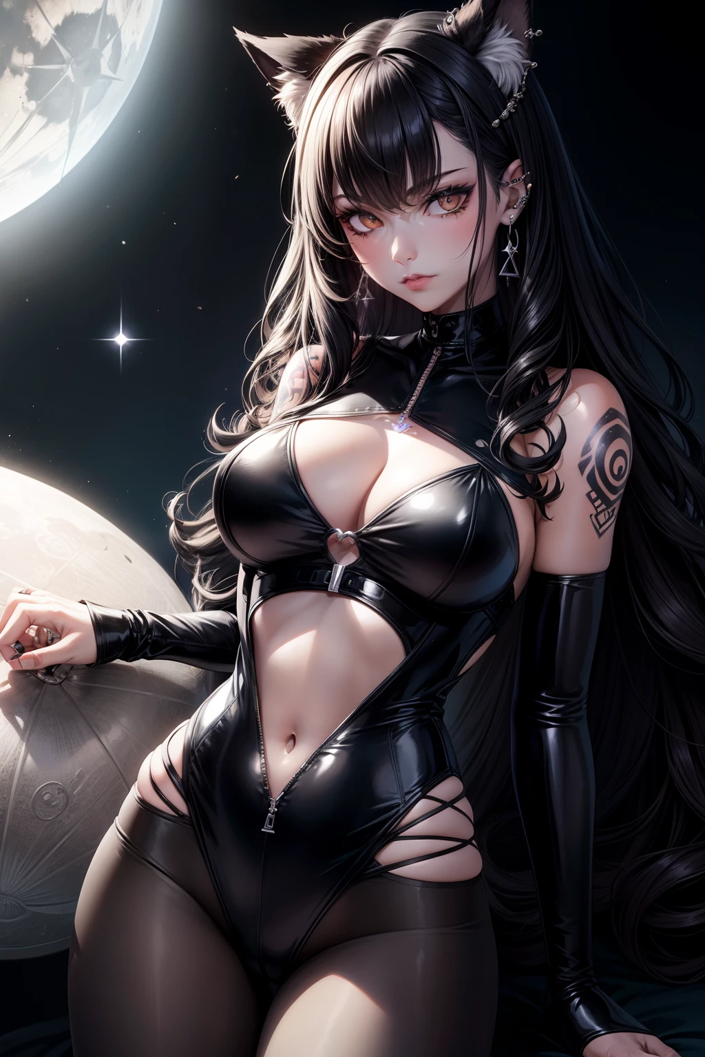 Selene undeworld, Girlfriend wolf, mixed race,piercings, tattooed, tattoo de lua 🌙 na testa, Black catsuit, Korsar, A dark-haired, curls,
