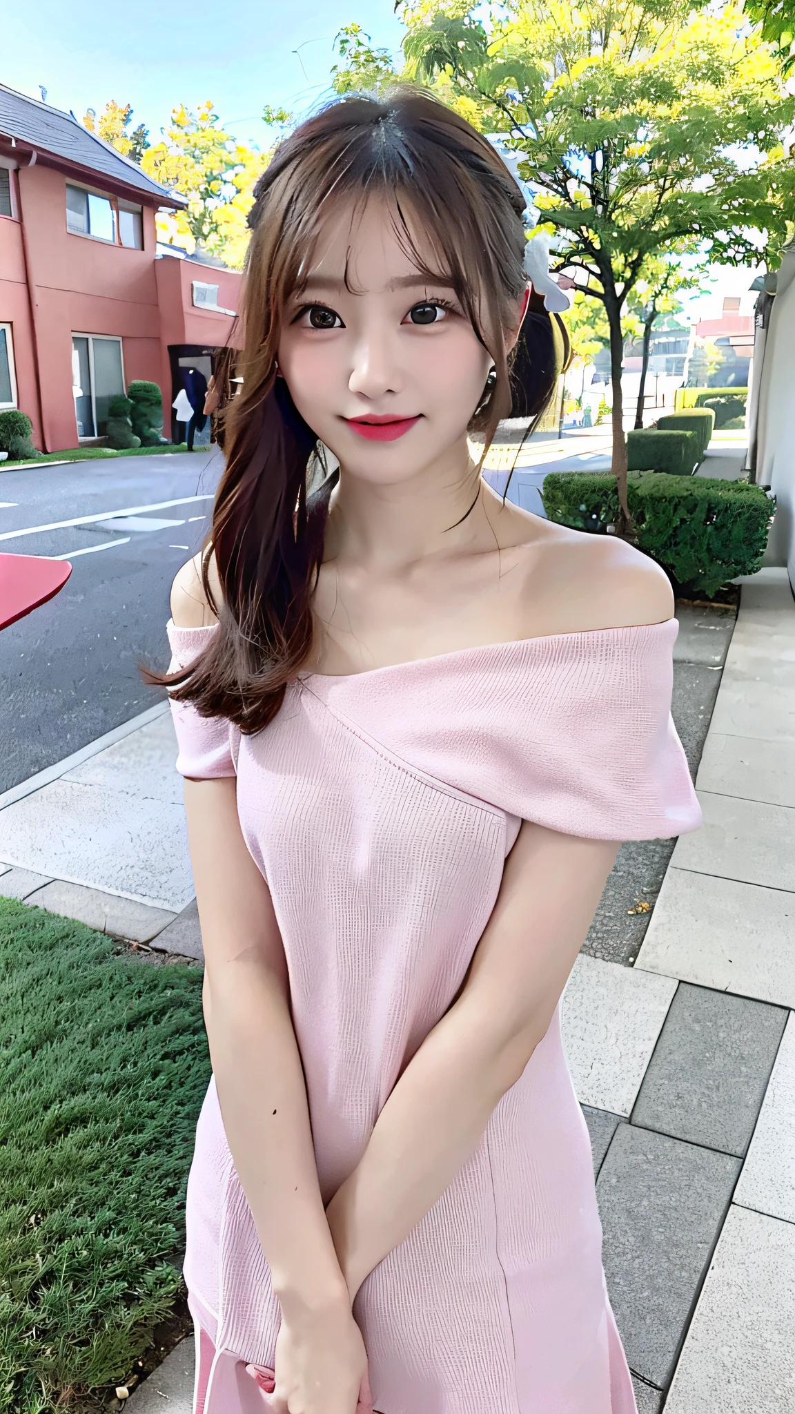 (masterpiece:1.3), (8K, Photorealsitic, Raw photography, Top image quality: 1.4), Japan high school girls、(Random hairstyles:1.2)、(small tits)、Super Detail Face、Eye of Detail、二重まぶた、foco nítido:1.2、prety woman:1.4、light brown hair、top-quality、超A high resolution、(Photorealsitic:1.4)、slender、A smile、(eye line:0.6)、((outside of house、Walk through the college campus:1.5))、鎖骨、A detailed face、Sexy clothes:1.2、(Clothes are off-the-shoulder、light pink in color、frilld)、cleavage of the breast、sun shine