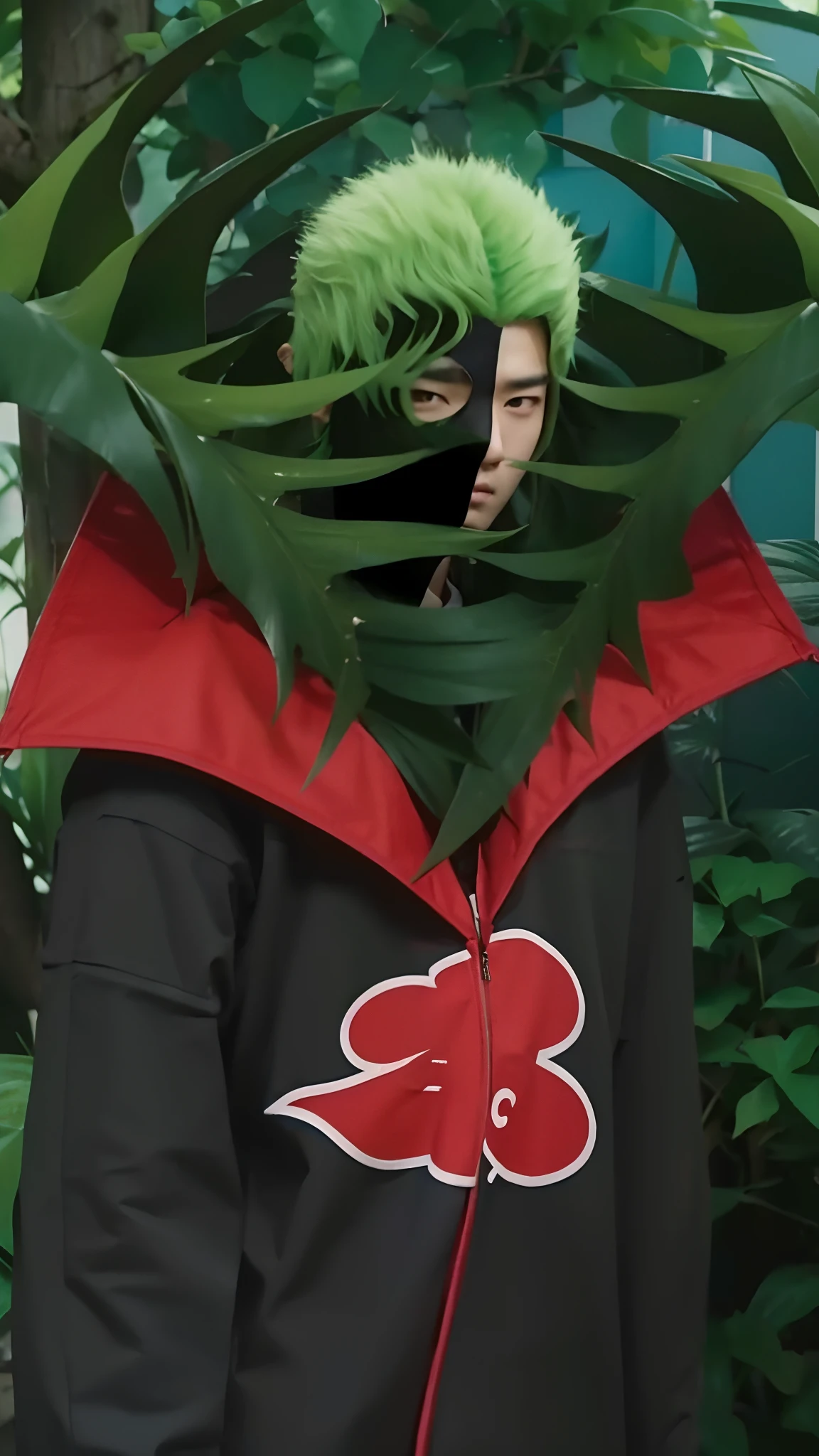 Real life adaption of this character, korean teen handsome man face, cool expression,(realistic same hair), ((realistic same outfit with Akatsuki logo)) , hyper realistic, realistic light, realistic shadow, realism,(photorealistic:1.2), looking to viewer ,there is A large green plant came out of his shirt