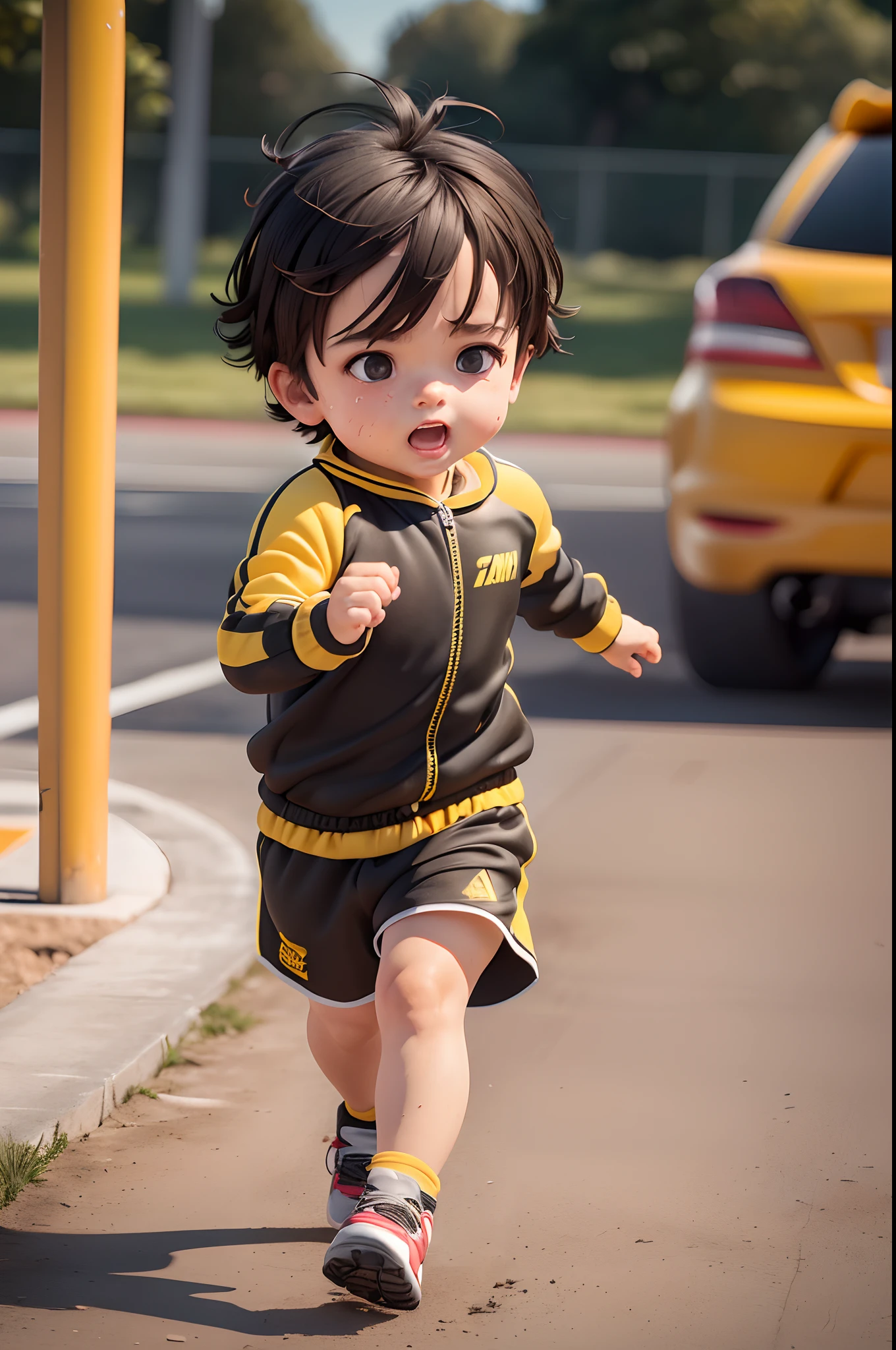 (A cute  is running, Chubby body, full of sweat, Yellow-black tracksuit, Exerted facial expressions, Detailed hands) (Best quality, Ultra-detailed, Realistic:1.37), Vivid colors, Sharp focus, Physically-based rendering, Portrait, Warm tones, Soft lighting，Five fingers