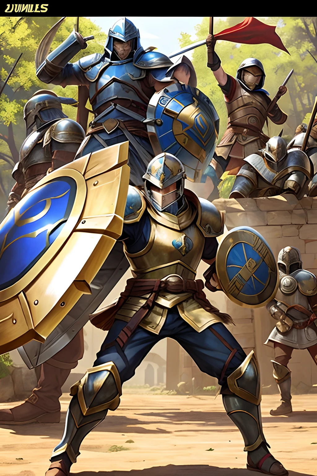 Antiquity warriors, shield blocking, shield wall, legionnaires with shields, JRPG style