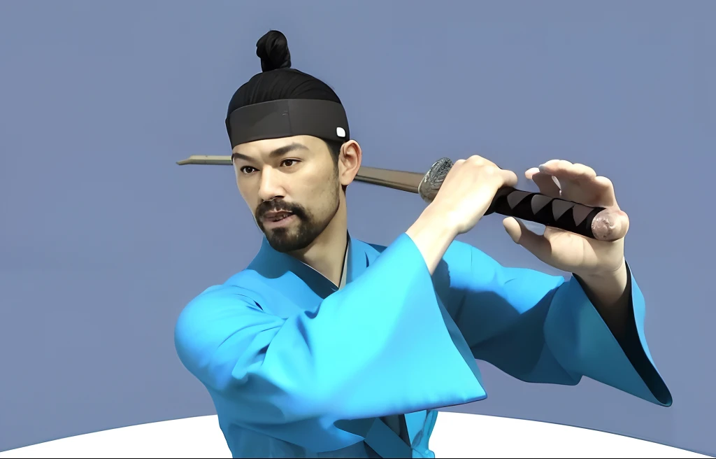 ((Masterpiece)),((Best Quality)),((High Detail)),((realisitic,)) Man with a, midlife, Male in his 40s, single hair, Middle-aged man, Traditional Korean Hanbok, Japan, beard, bandeau