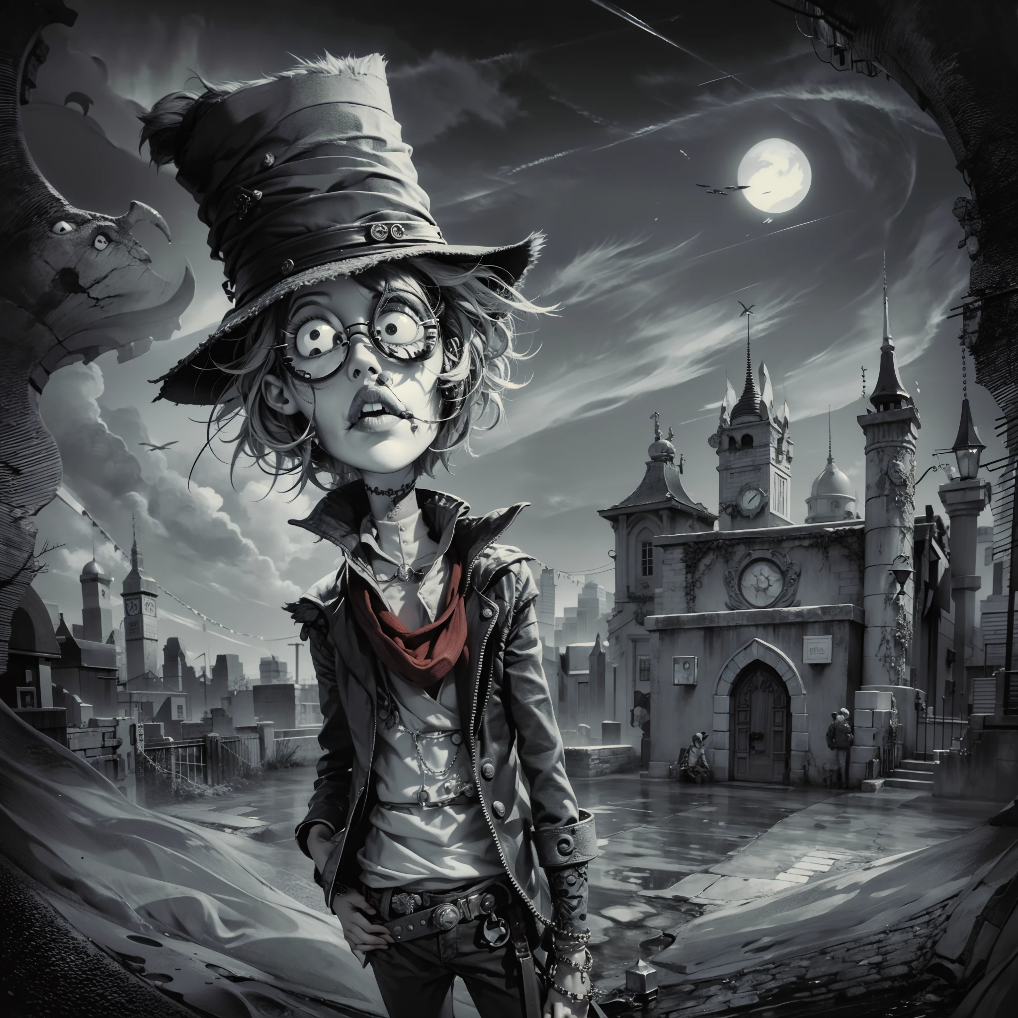 caricatura,tim burton style, color en blanco y negro, tetrico, ambiente de oscuridad, castillo lugubre atras, hombre enfadado, gabardina, tonos oscuros, castillo retorcido atmosfera epica,un hombre con un sombrero, bufanda roja hasta el suelo,