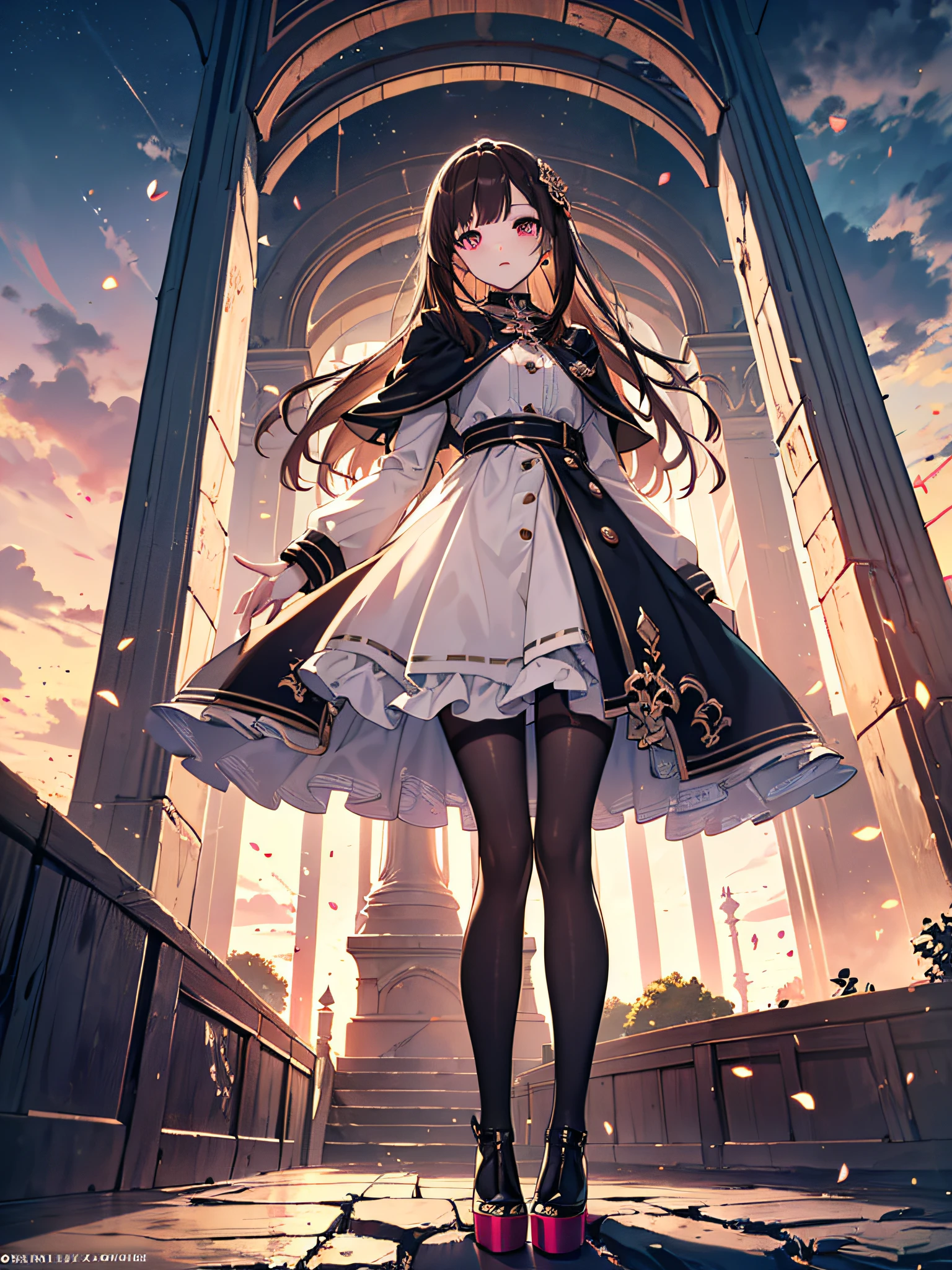 Girl, long light brown hair, big pink eyes, Otome Kei, Beige tights, platform heel boots, perfect skin, extremely perfect face, most beautiful thing, super delicate, {extremely detailed 8k CG unit wallpaper}, photography of expansive landscape, (a view from below with focus on the character and setting), (wide view of open field), (low angle shot), (high light: 1.2), (low light: 1.5), (source of warm light: 1.6), complex details, (iridescent colors: 1.2), (bright lighting), (atmospheric lighting), dreamy, magical, delicate