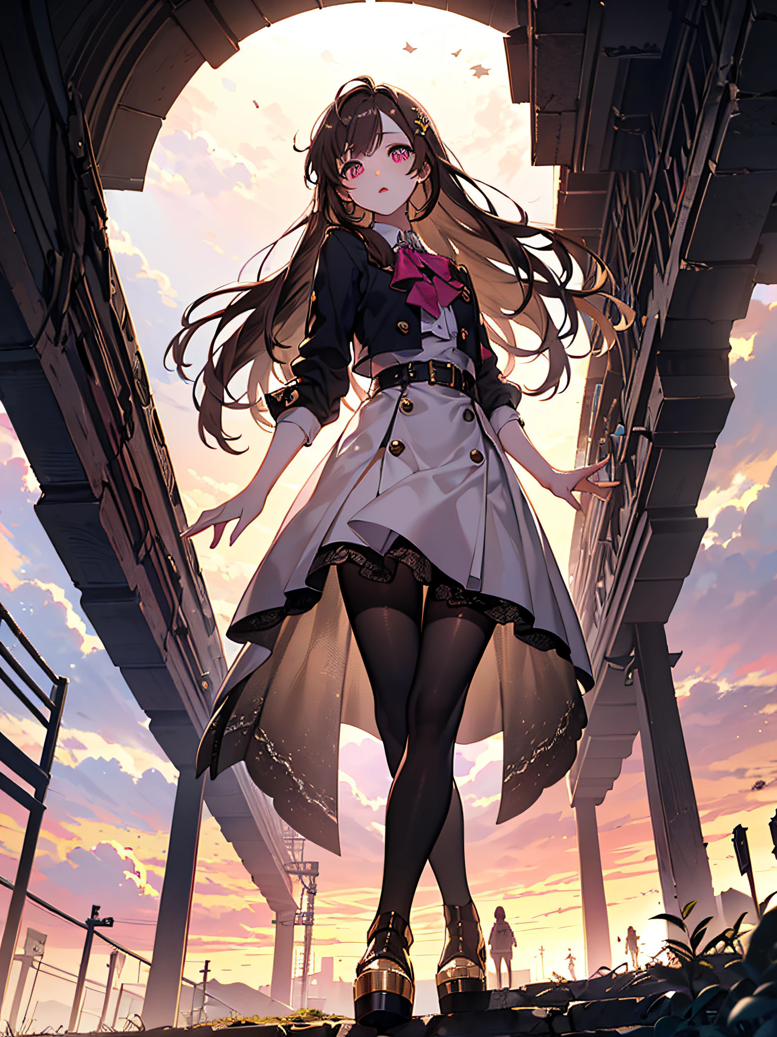 Girl, long light brown hair, big pink eyes, Otome Kei, Beige tights, platform heel boots, perfect skin, extremely perfect face, most beautiful thing, super delicate, {extremely detailed 8k CG unit wallpaper}, photography of expansive landscape, (a view from below with focus on the character and setting), (wide view of open field), (low angle shot), (high light: 1.2), (low light: 1.5), (source of warm light: 1.6), complex details, (iridescent colors: 1.2), (bright lighting), (atmospheric lighting), dreamy, magical, delicate