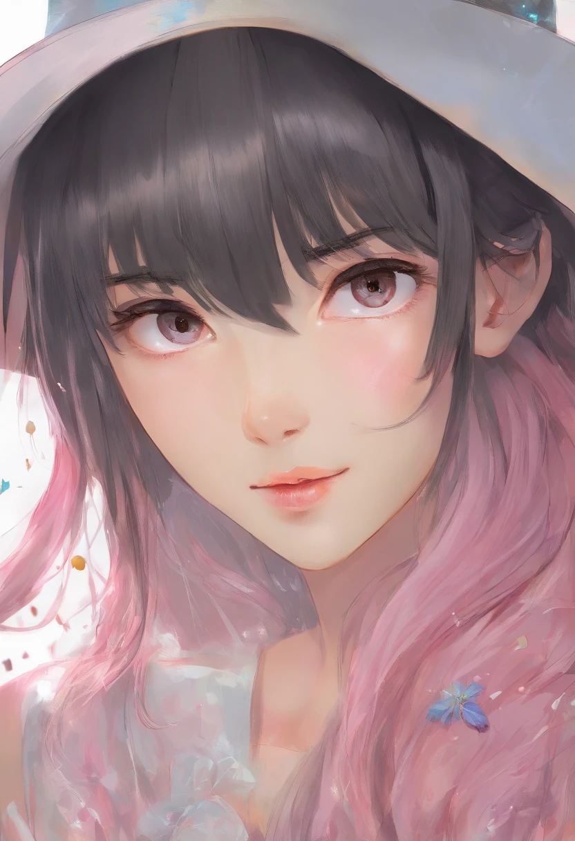 ​masterpiece, top-quality, hightquality, hight resolution, ​masterpiece、女の子1人、simple background、weeping，ssmile，With short black hair，white tee，Black loafers，blue short pants，close up of face , Plain background, Bangs, Simple background, Looking at Viewer, Blunt bangs, Closed mouth, grey  eyes, Eyelashes, Cowboy Shot, makeup, Medium Hair, Pink lips, brawn hair