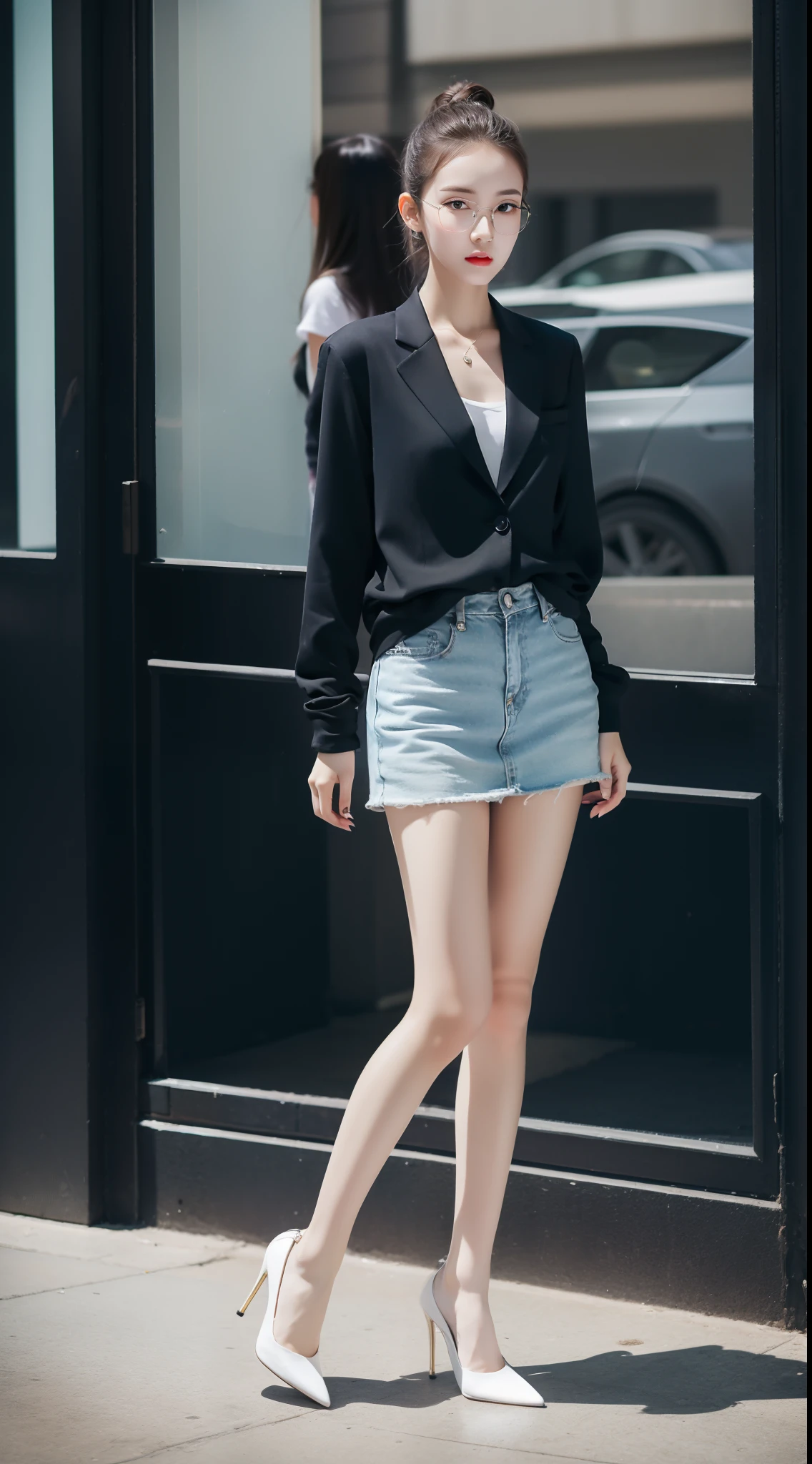 Ultra-clear resolution,top Quority,Wonderful young girl,large glasses,ear studs,Clear eyes,plain face,Gloss on lips,s the perfect face,White skin,Perfect chest,Slender legs,Random clothes,black heels,street