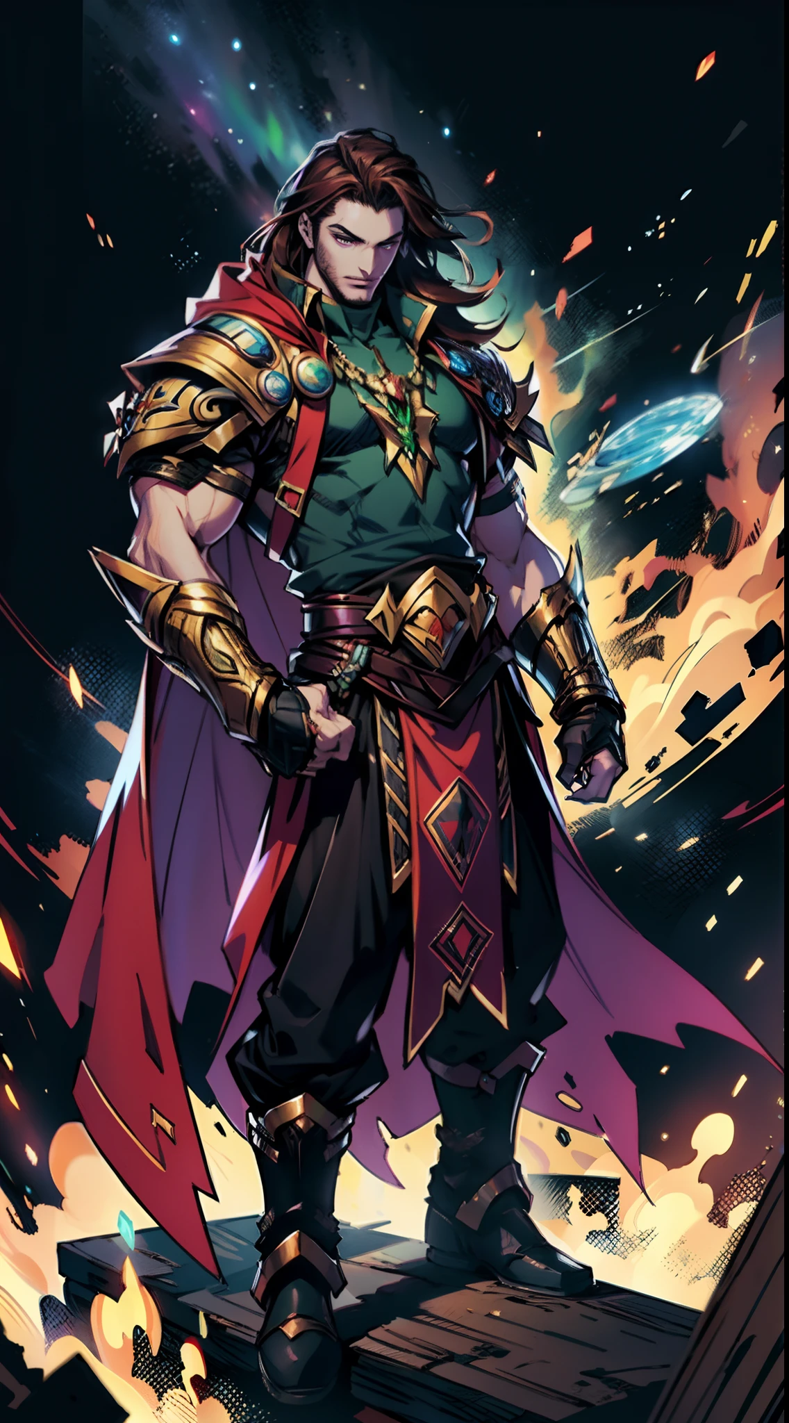 A man with long reddish-brown hair, wearing a red headband, an Eastern European face, deep and confident eyes, a confident smile, a red elongated totem mark on his face, a tall and strong physique, he wears a fantasy-style overlord attire, a blue-gold thick breastplate, a black tight-fitting undershirt, a massive cloak with heavy metal decorations, that cloak covers most of his body, thick red and blue heavy gauntlets, a metal belt with a thick long skirt-like hem, black pants, metal leg guards that match the gauntlets, he steps on the space with an awe-inspiring presence, red and blue and green energy surrounds him, red and blue and green Power surrounds him, white frost swirls around him, blue ice around him, red fire around him, purple Lightning around him, this character embodies a finely crafted fantasy-style overlord in anime style, characterized by an exquisite and mature manga illustration art style, high definition, best quality, highres, ultra-detailed, ultra-fine painting, extremely delicate, professional, anatomically correct, symmetrical face, extremely detailed eyes and face, high quality eyes, creativity, RAW photo, UHD, 8k, Natural light, cinematic lighting, masterpiece:1.5