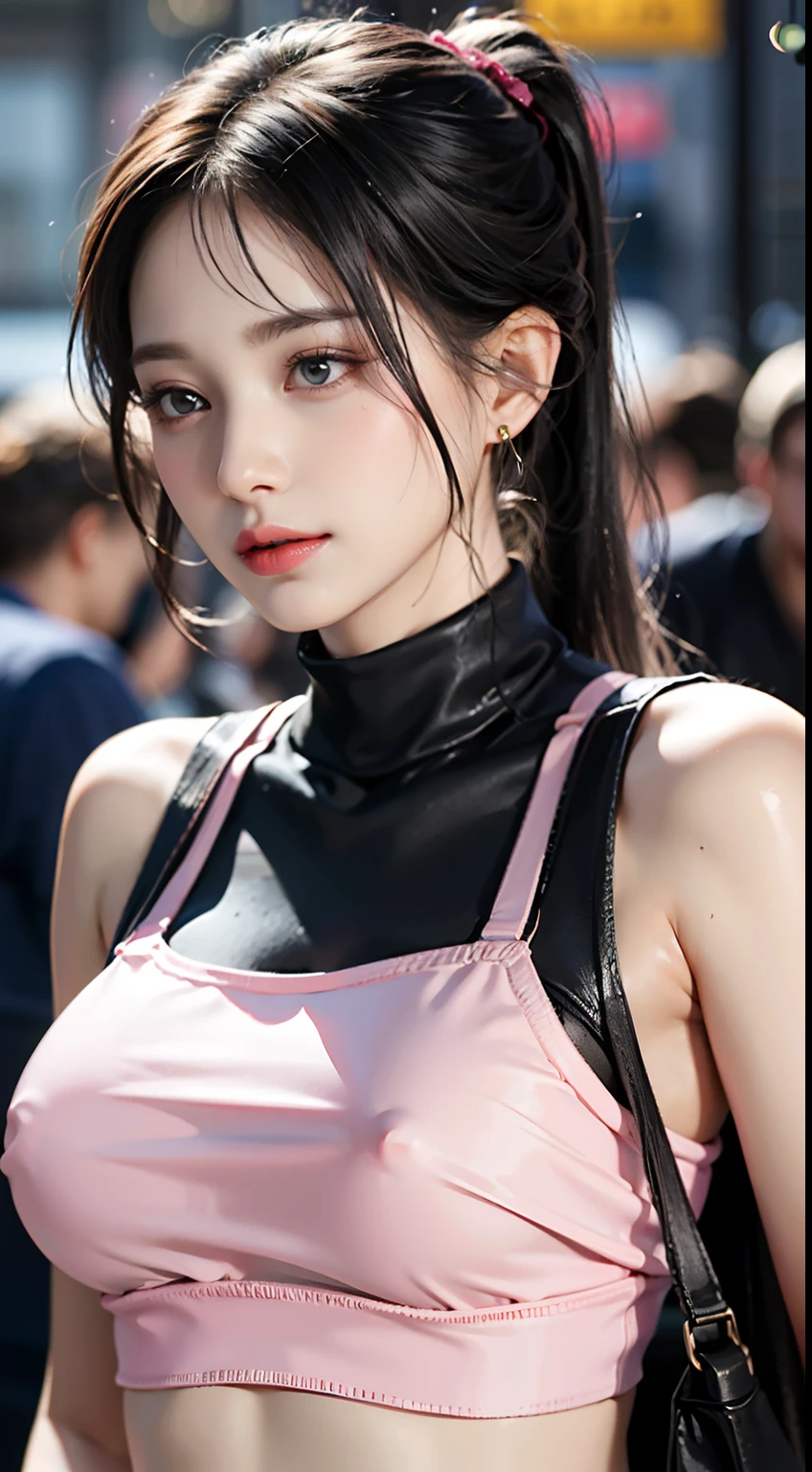 18-year-old schoolgirl, cute schoolgirl, beautiful girl, delicate and beautiful girl, delicate facial features, long-range portrait, 8K picture quality, extreme detail, detail portrayal, messy hair, (cute bangs), ponytail, flowing hair, black hair, slim face, perfect proportioned body, slim body, realism, super high resolution, master work 1, real texture, movie lighting realism, facial features, supple lips, ((pure desire makeup)), pure girl, first love, first love, shyness, Blush, shyness, innocent expression, summer, outdoors, ((street reality)), gaze at the camera, look at the viewer, (turtleneck sleeveless crop top), ((pink), leather wrapping, (huge breasts), sleeveless