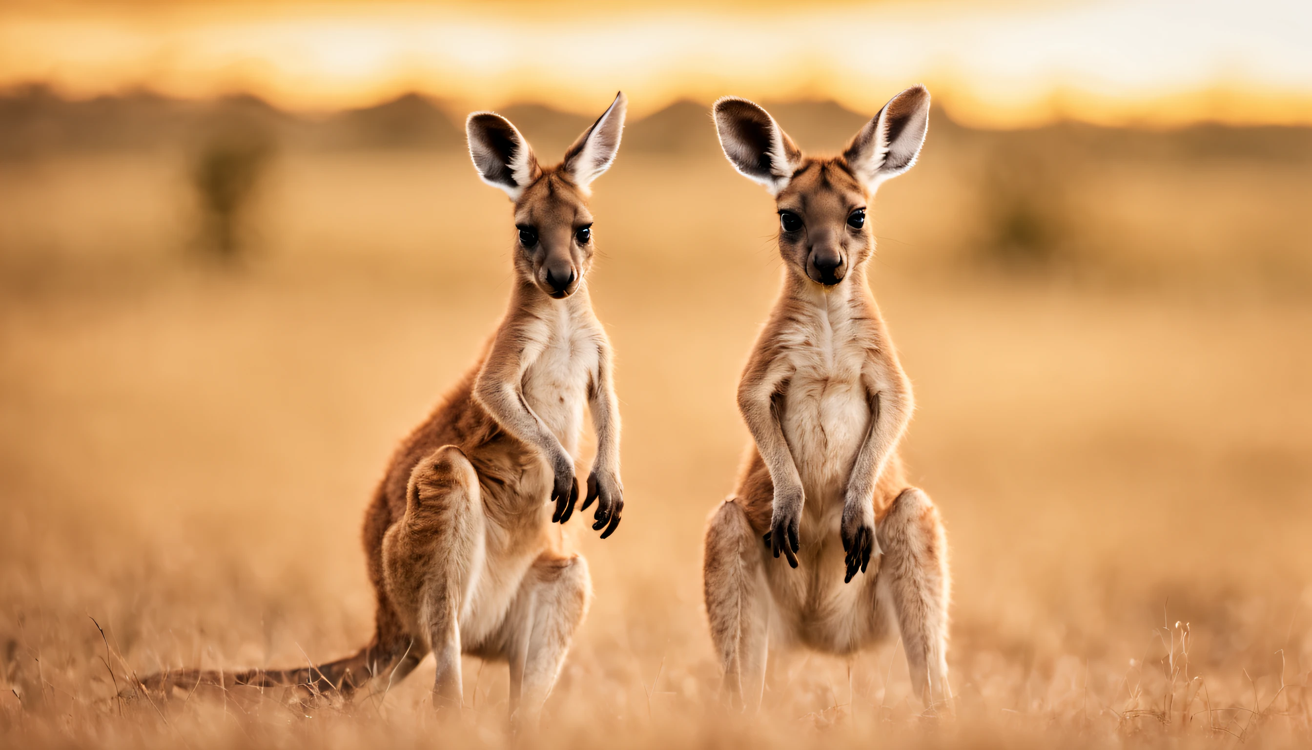 Three cute and chubby  kangroo playfully in the Australia field , australian, highly detailed photo of happy, high quality photo, fotografia, kangaroo, photo of a beautiful, playful pose,