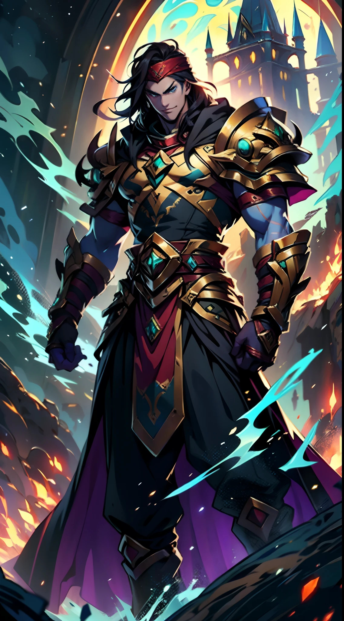 A man with long reddish-brown hair, wearing a red headband, an Eastern European face, deep and confident eyes, a confident smile, a red elongated totem mark on his face, a tall and strong physique, he wears a fantasy-style overlord attire, a blue-gold thick breastplate, a black tight-fitting undershirt, a massive cloak with heavy metal decorations, that cloak covers most of his body, thick red and blue heavy gauntlets, a metal belt with a thick long skirt-like hem, black pants, metal leg guards that match the gauntlets, he steps on the space with an awe-inspiring presence, red and blue and green energy surrounds him, red and blue and green Power surrounds him, white frost swirls around him, blue ice around him, red fire around him, purple Lightning around him, this character embodies a finely crafted fantasy-style overlord in anime style, characterized by an exquisite and mature manga illustration art style, high definition, best quality, highres, ultra-detailed, ultra-fine painting, extremely delicate, professional, anatomically correct, symmetrical face, extremely detailed eyes and face, high quality eyes, creativity, RAW photo, UHD, 8k, Natural light, cinematic lighting, masterpiece:1.5