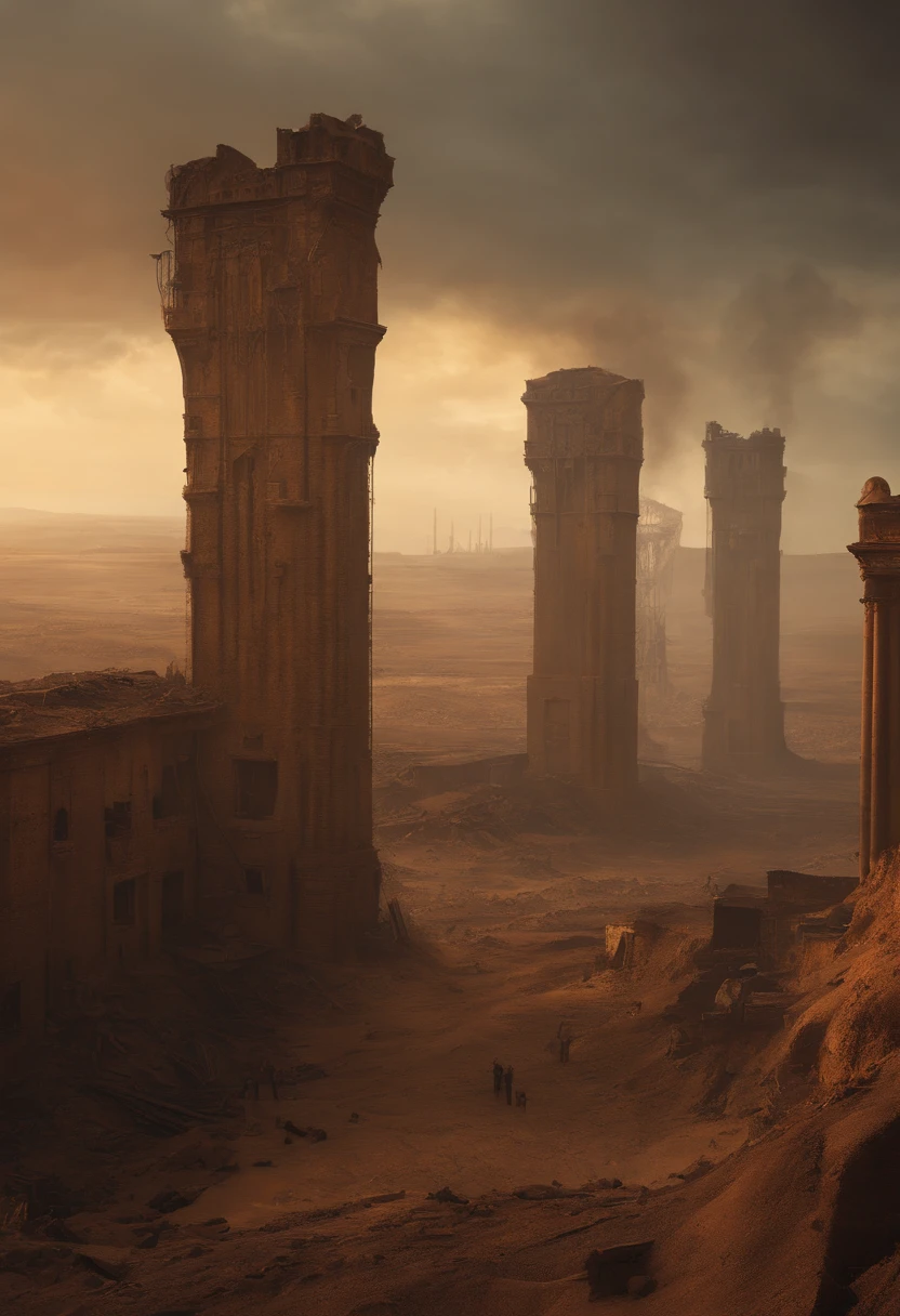 apocalyptic city，ruined buildings，postapocalyptic，Zdzislaw Beksiński，madmax: Fury Road，low key lighting，tmasterpiece，Detailed details，k hd，Tyndall effect