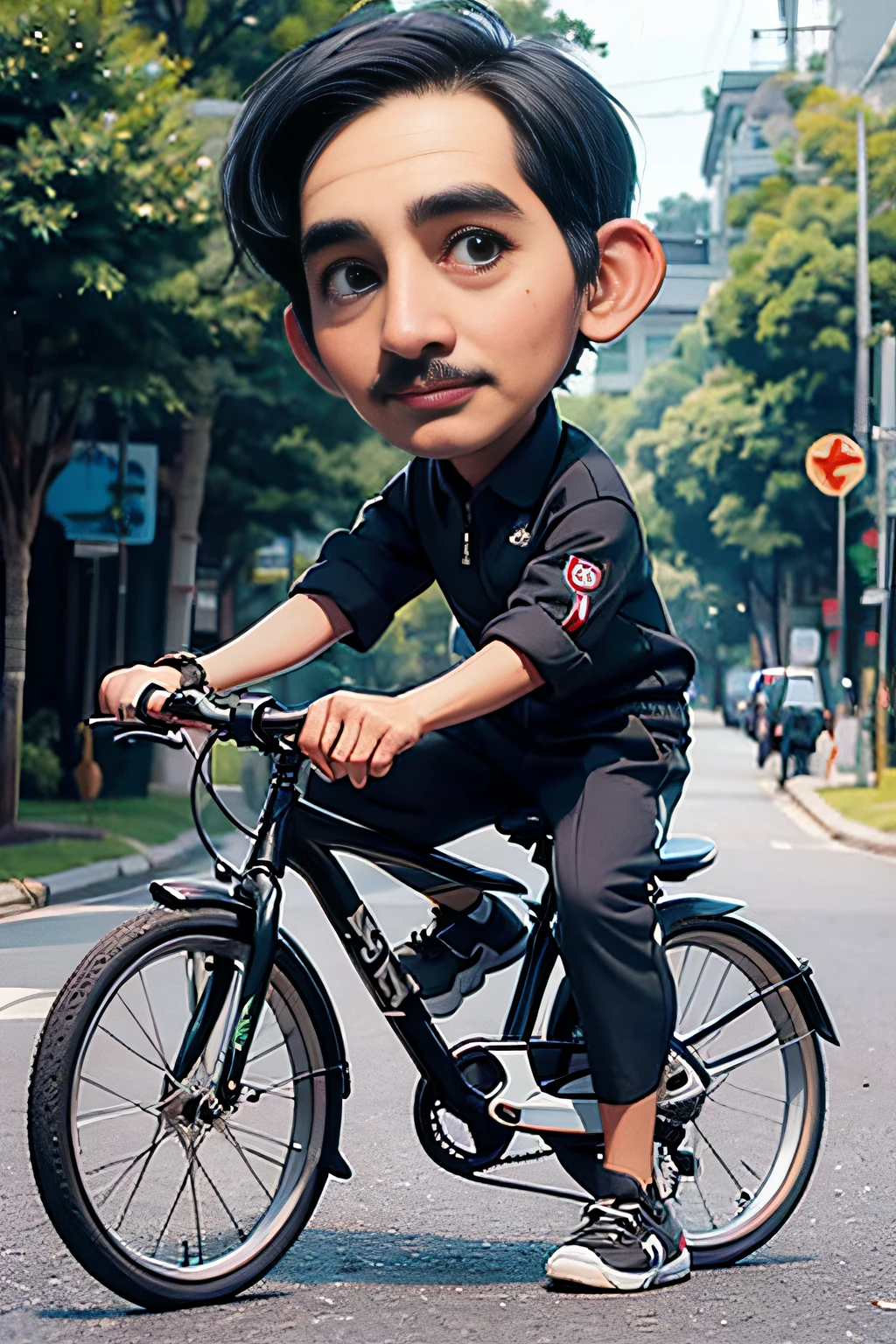 Handsome 40 years old Male, (joko widodo) , chibi, as a cyclis riding a bicycle, at a street park, facing front, short black hair, (very short haircut), black eyes color, wearing sport suit clothe, full body, the hair is very short, butch cut, short body, big head, (clean head)