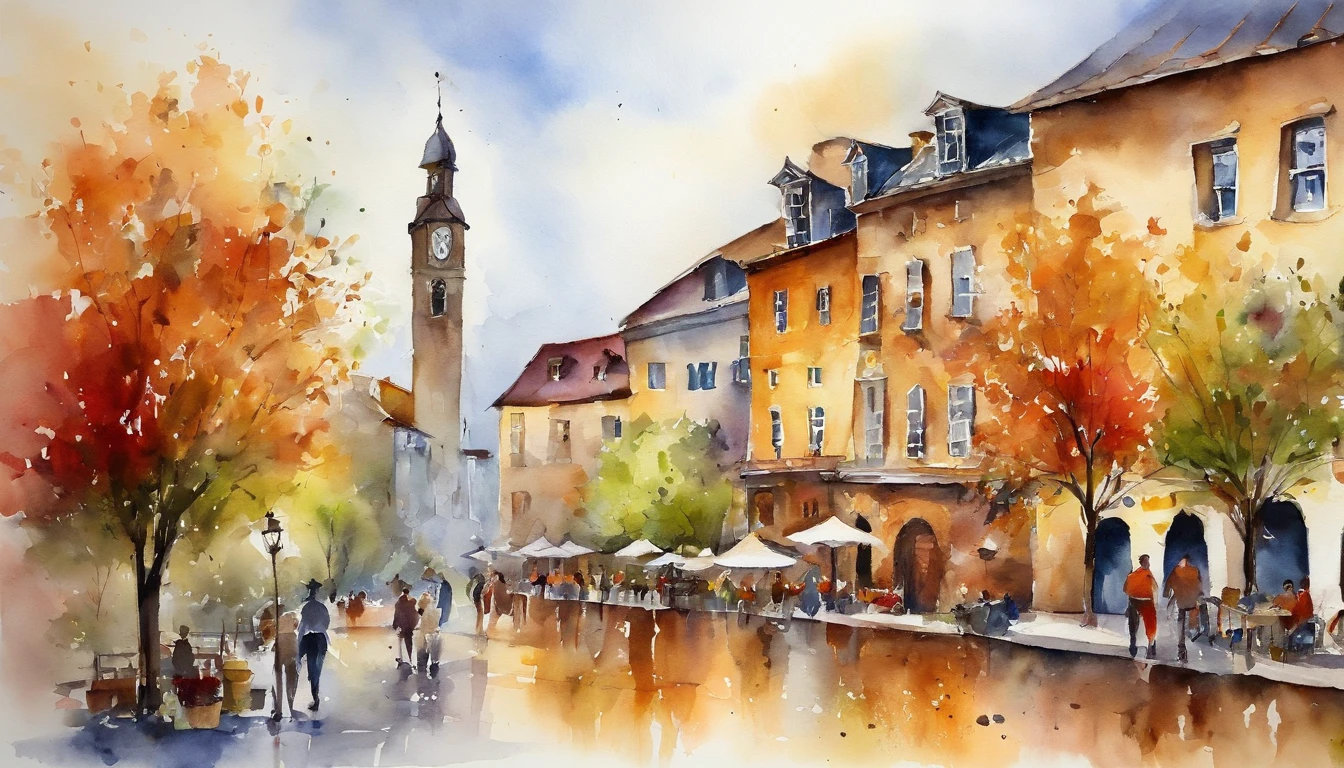 In the square with the clock tower in the center、Celebrating the Harvest Festival、Watercolor Touch、