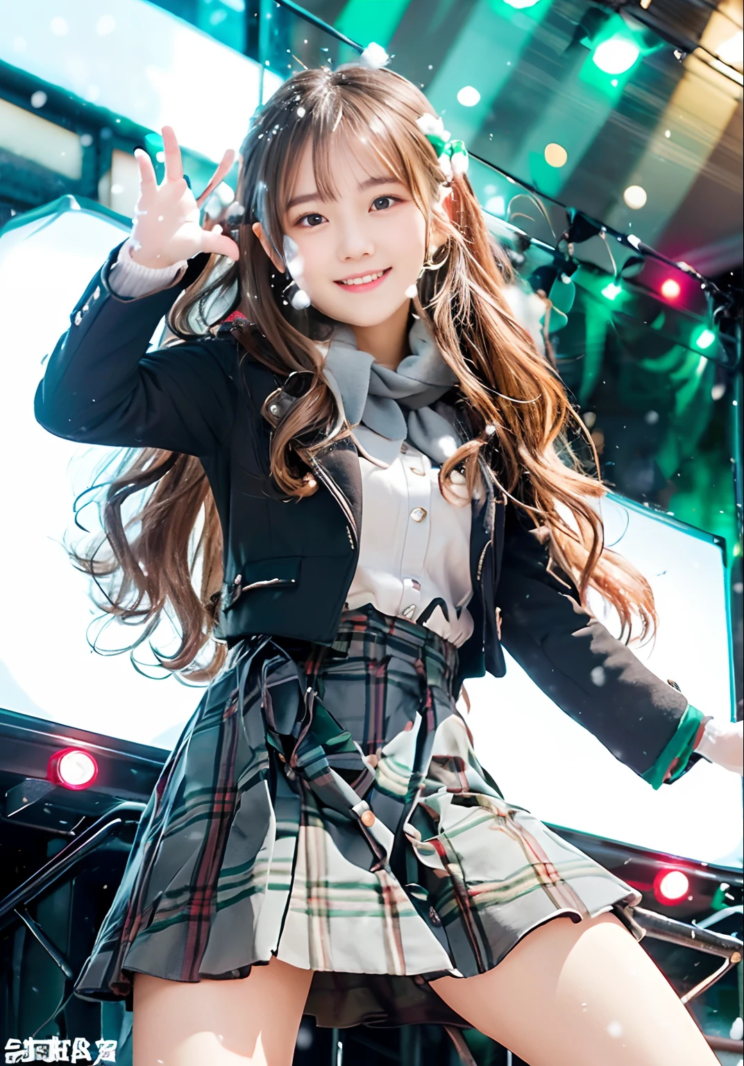 (Close-up portrait of one girl has long hair with dull bangs in a winter uniform and scarf coat:1.5)、(One girl open her arms widely with a shy smile has a gift box in hand with gloves:1.5)、(Snowing winter night street corner with Christmas lights:1.5)、(Perfect Anatomy:1.3)、(No mask:1.3)、(complete fingers:1.3)、Photorealistic、Photography、masutepiece、top-quality、High resolution, delicate and pretty、face perfect、Beautiful detailed eyes、Fair skin、Real Human Skin、pores、((thin legs))、(Dark hair)