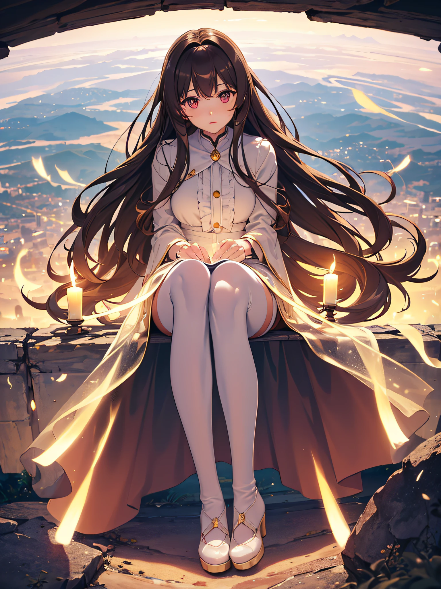 Girl, long light brown hair, big pink eyes, Otome Kei, Beige tights, platform heel boots, perfect skin, extremely perfect face, most beautiful thing, super delicate, {extremely detailed 8k CG unit wallpaper}, photography of expansive landscape, (a view from below with focus on the character and setting), (wide view of open field), (low angle shot), (high light: 1.2), (low light: 1.5), (source of warm light: 1.6), complex details, (iridescent colors: 1.2), (bright lighting), (atmospheric lighting), dreamy, magical, delicate