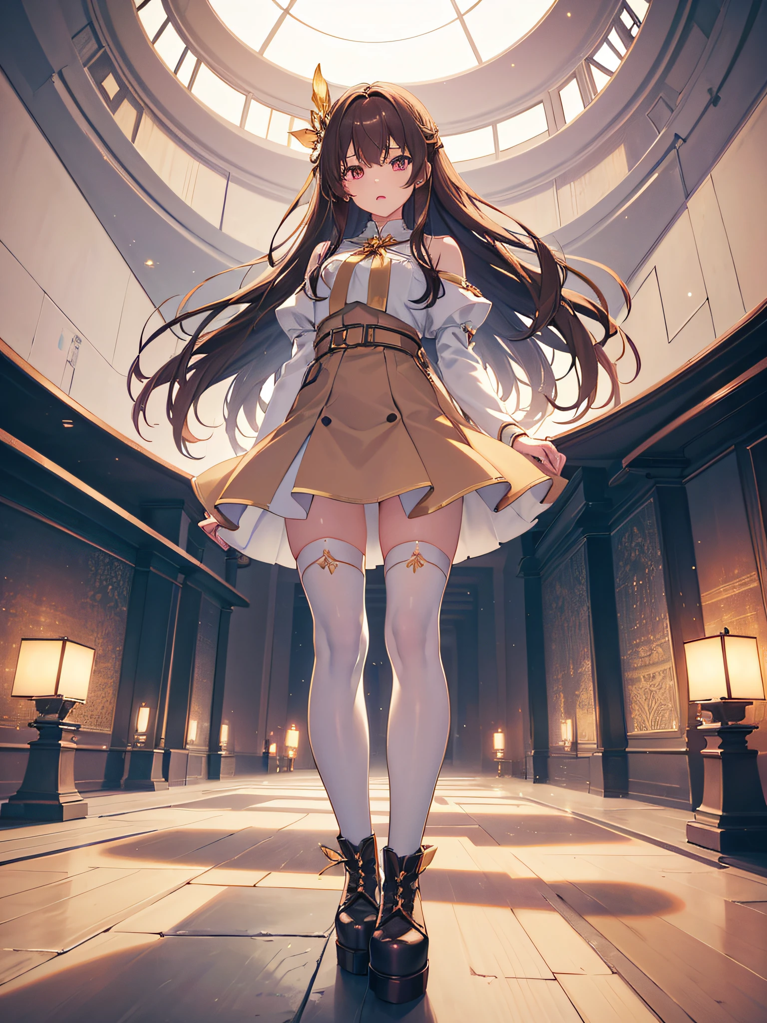 Girl, long light brown hair, big pink eyes, Otome Kei, Beige tights, platform heel boots, perfect skin, extremely perfect face, most beautiful thing, super delicate, {extremely detailed 8k CG unit wallpaper}, photography of expansive landscape, (a view from below with focus on the character and setting), (wide view of open field), (low angle shot), (high light: 1.2), (low light: 1.5), (source of warm light: 1.6), complex details, (iridescent colors: 1.2), (bright lighting), (atmospheric lighting), dreamy, magical, delicate