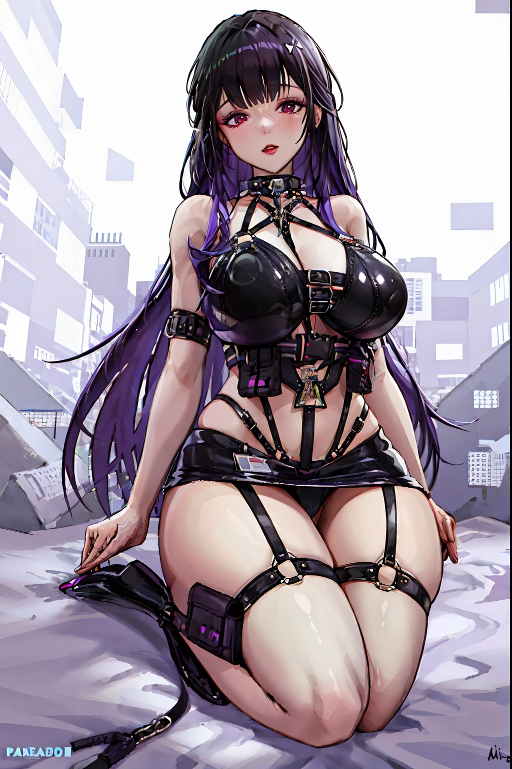 1girl, solamente, cabello negro, Cabello largo, muslosaltos, Parte superior del cuerpo,purple hair,pechos colgantes,calzado negro,muslos negros,brazos ARRIBA,Mirando hacia abajo,Disparo de vaquero,ombligo,labios separados, pechos enormes,hembra madura,brillante,piel brillante,Mihara \(cabeceo\)