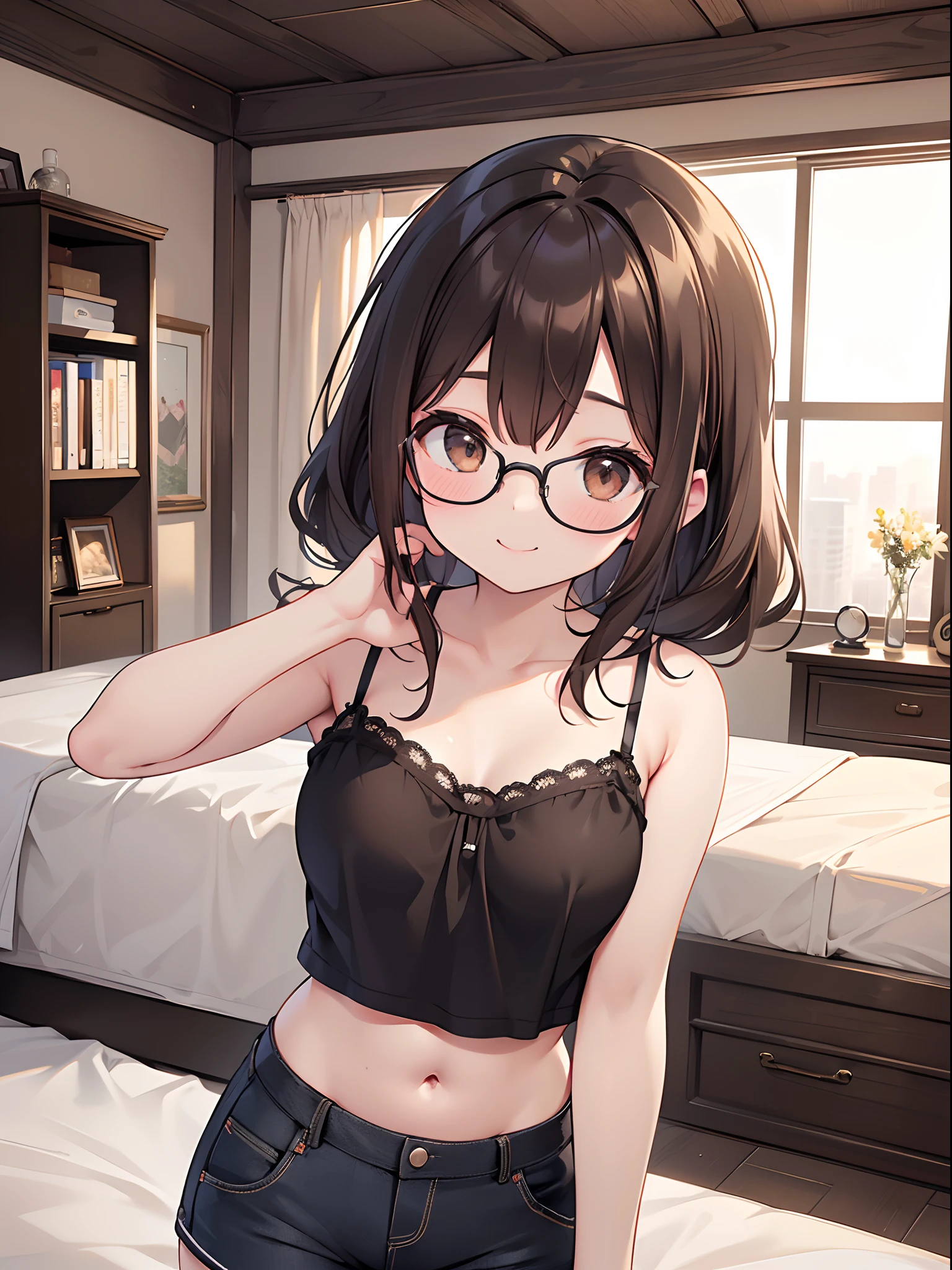 1 female、brown haired、Brown eyes、Black-rimmed glasses、seductive boobs、gorgeous faces、Perfect body。Best Quality、ultra-detailliert、8K resolution、Raw photo、masutepiece。Lying in bed。camisole、shortpants。a smile。
