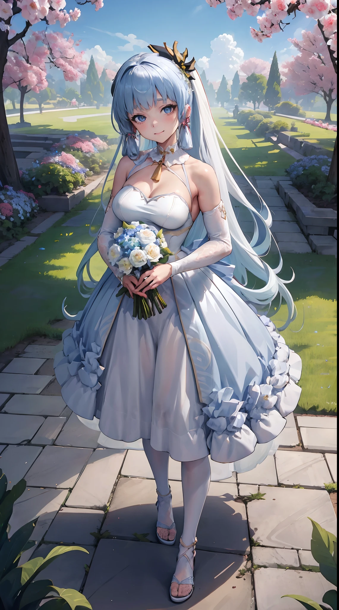 kamisato ayaka| genshin impact, master-piece, bestquality, 1girls,25 years old, proportional body, proportional., Wedding Dresses, White Wedding Dress, Long skirt, wedding, mediuml breasts, ,bara, Standing in the middle of a flower garden, outdoor, wedding, The sky is beautiful, Both hands hold a bouquet of flowers........................................., View viewers from the front., Thigh strap, Head tilt, bored, 10, 10, HD, slight smile,