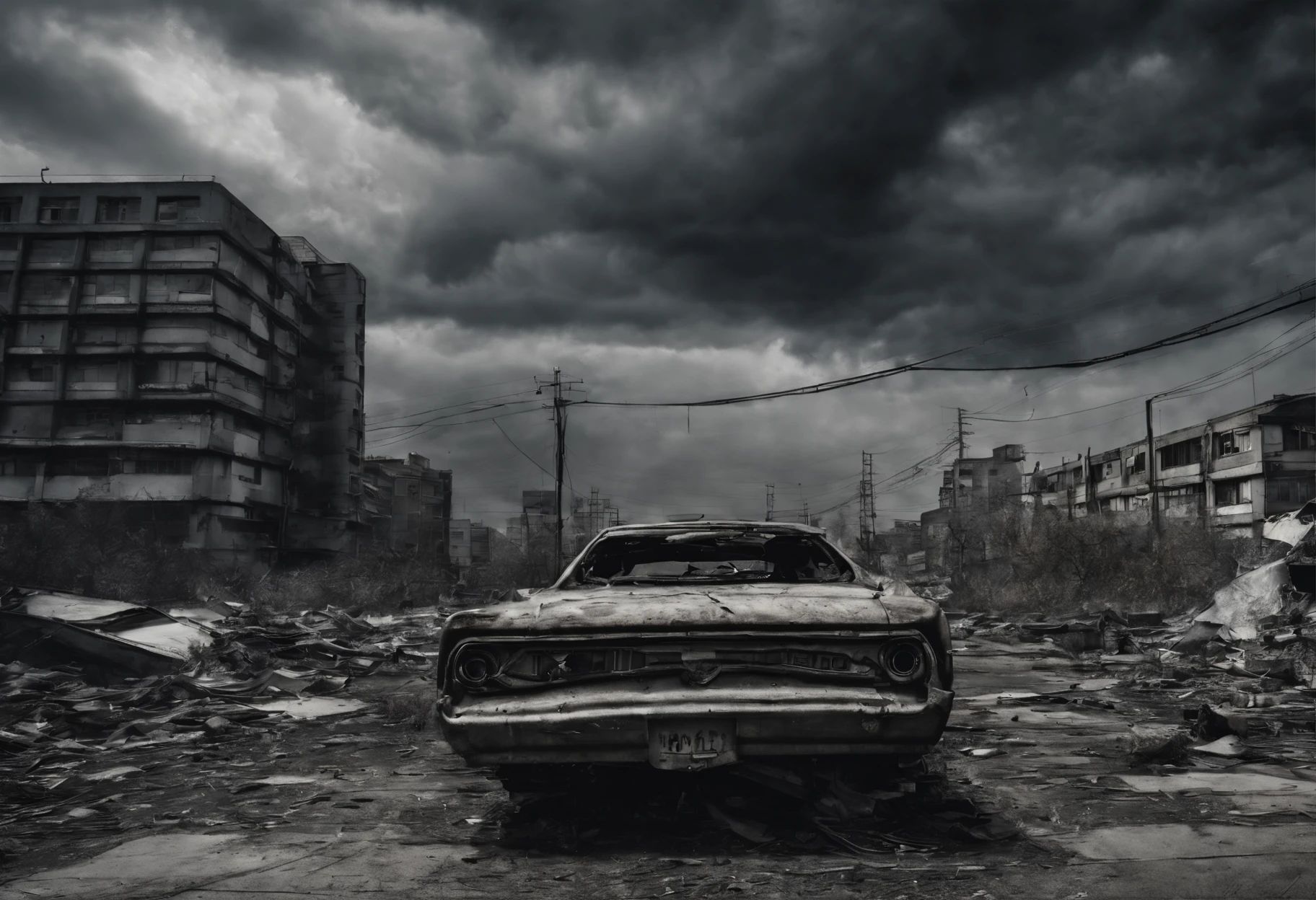 The city of nuclear contamination hundreds of years later，Waste from nuclear contamination is everywhere，The city became dilapidated，The streets also fell。The walls of high-rise buildings are covered with cracks，The window glass has long shattered，A window that exposes a black hole。The streets are littered with abandoned cars and garbage，an overgrown，Desolation。A pungent smell filled the air，Unbearable。The sky is filled with  clouds，From time to time, Lightning streaked across the sky，Bring a roar。