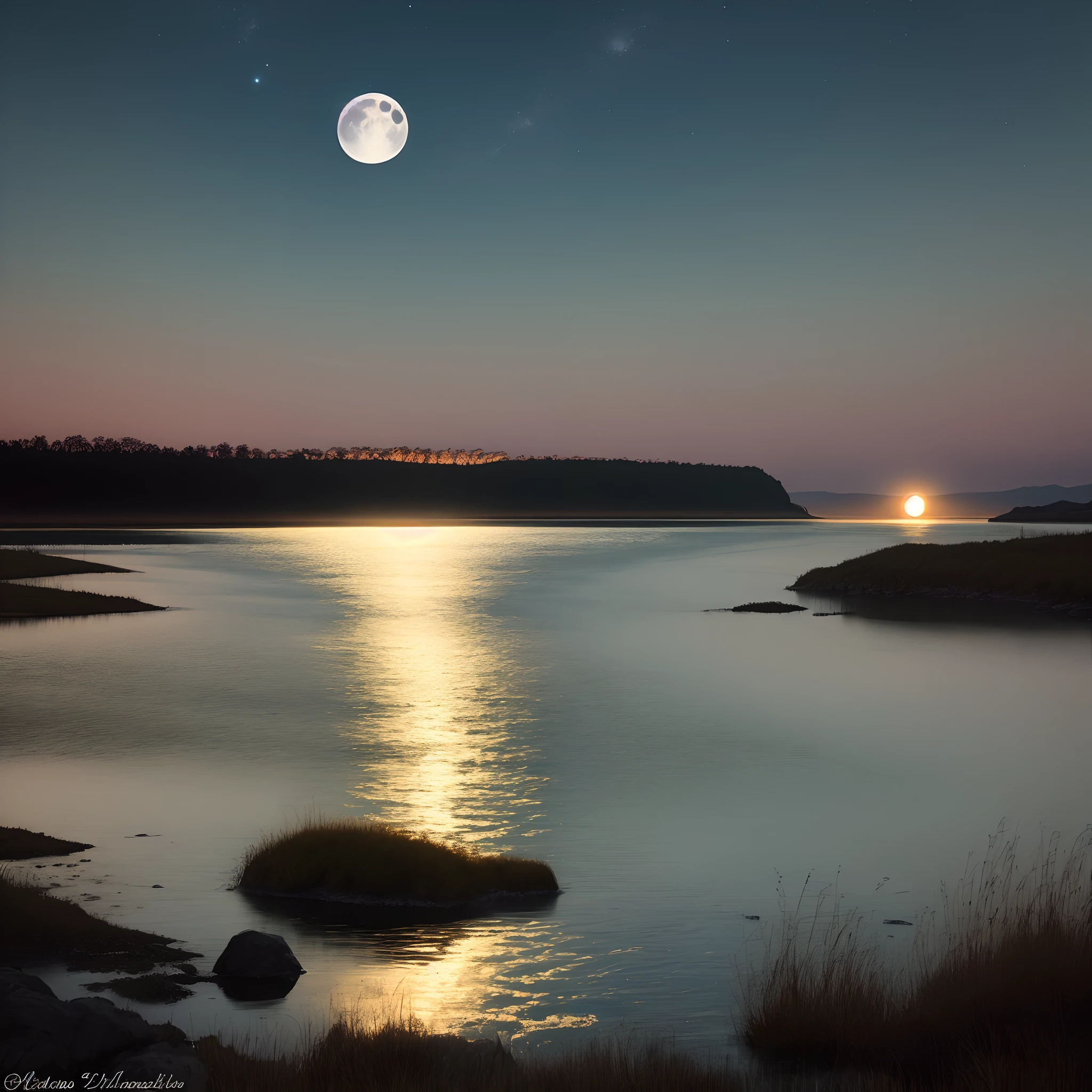 Midnight moon over looking water