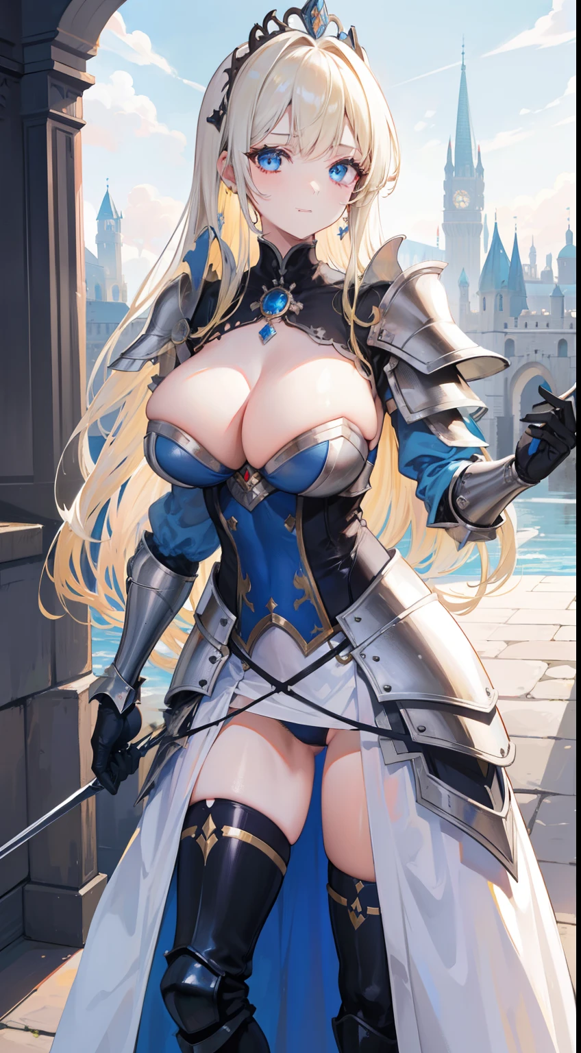 a beauty girl,cabellos largos dorados,blonde with blue eyes,(ssmile),European medieval castles,palaces,Wear gorgeous armor,(Silver armor),Armor,(holding a long spear),huge spear,Shoulder pads,Armour,chest plate,Leg nails,(Royal Knights),(huge tit),(black lence stockings),((Pubic bone)),(Defeat),((Broken armor)),((Damaged clothes))