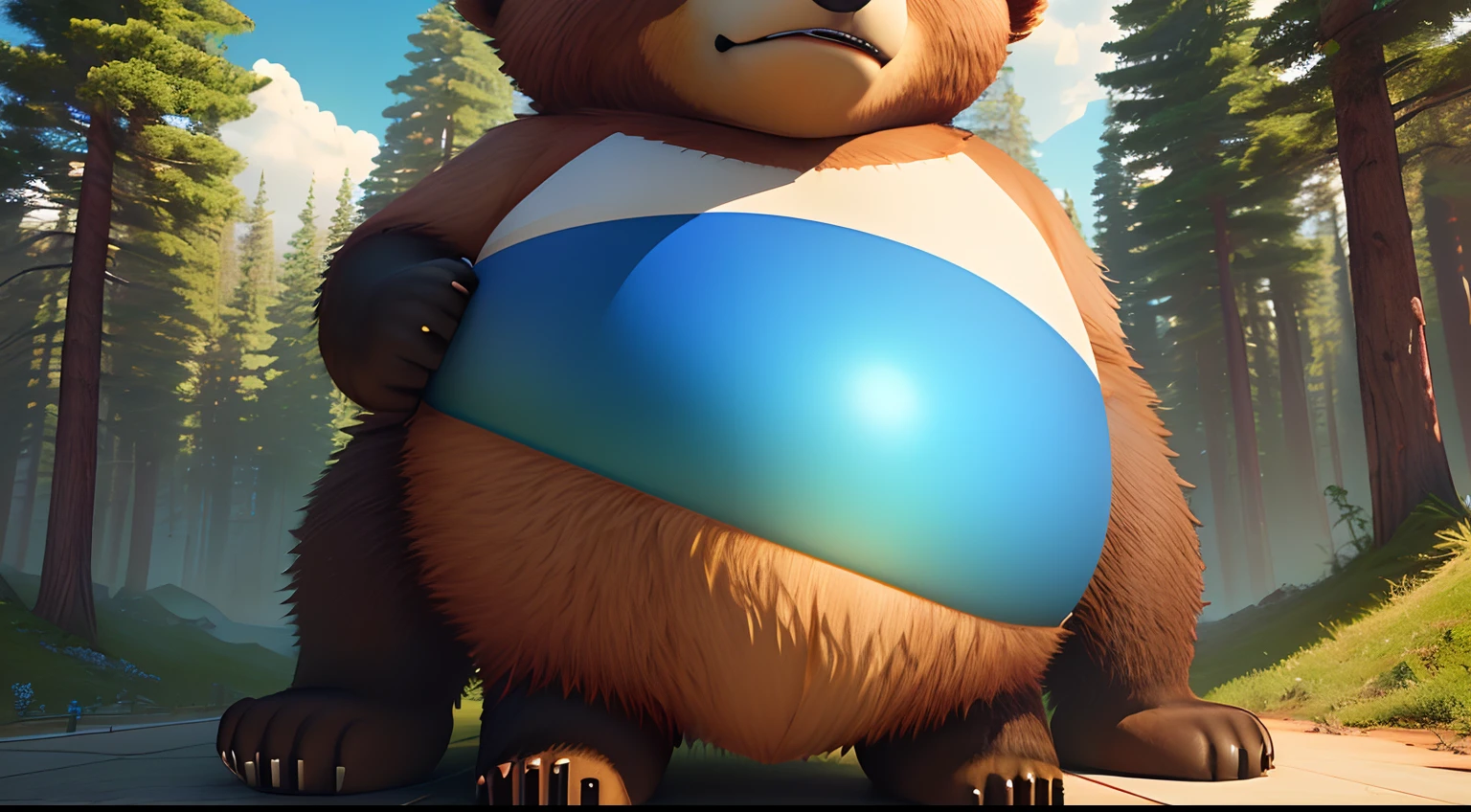 a 3d cgi cartoon image of a bear’s big belly sticking out