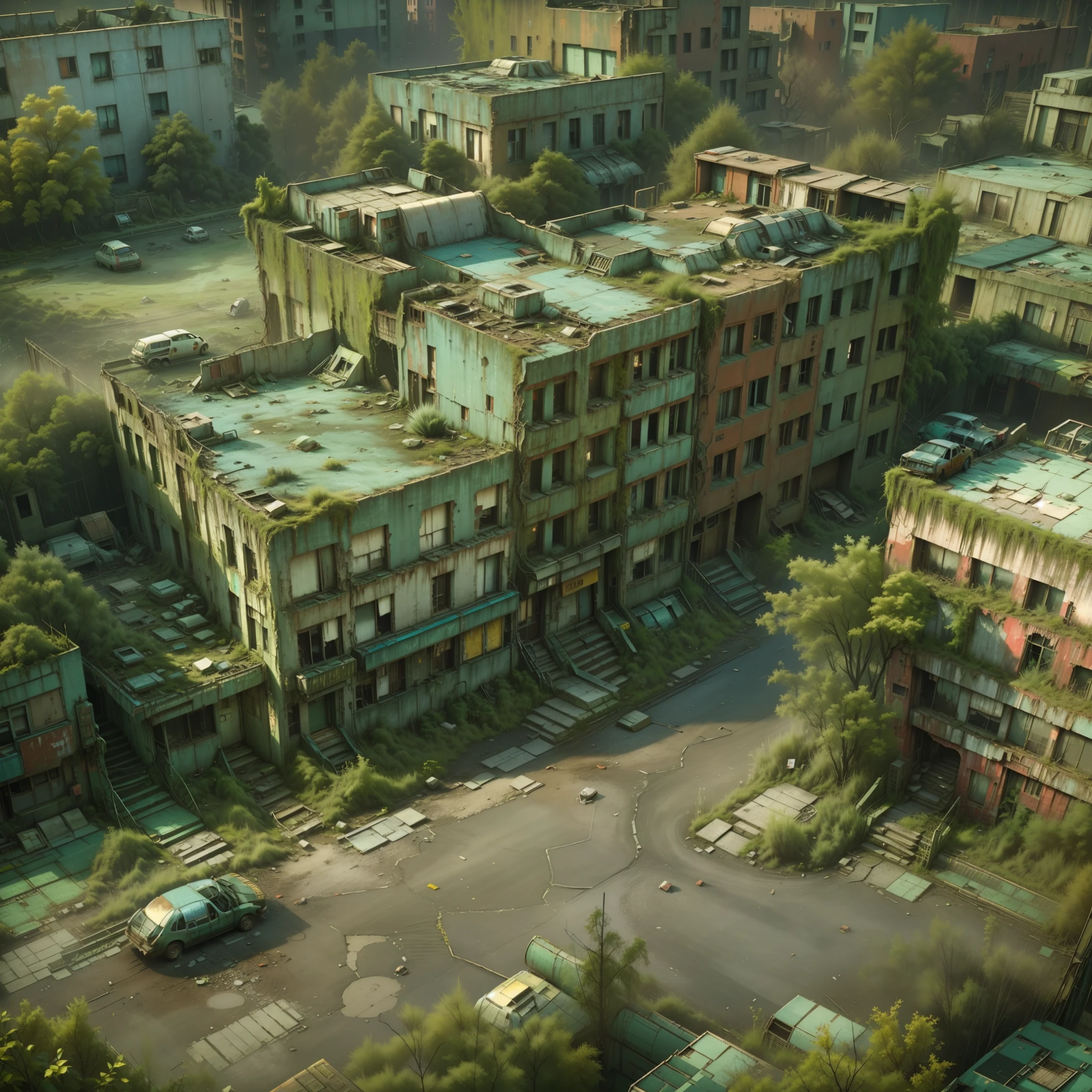 Create professional 8K photos,Take viewers to the abandoned city of Centralia。Use a high camera angle to capture panoramic views of the run-down city,Top-down view。Add natural elements that invade the building,Examples include creeping plants and trees growing from cracks,to convey the feeling of a city swallowed by nature。